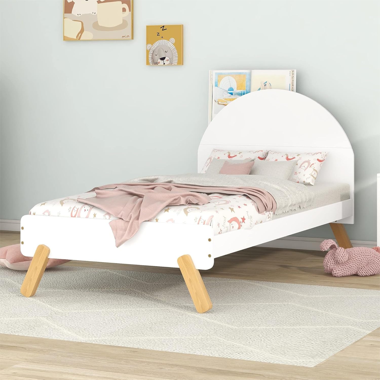 Twin Bed Frame, Twin Platform Bed with Curved Headboard