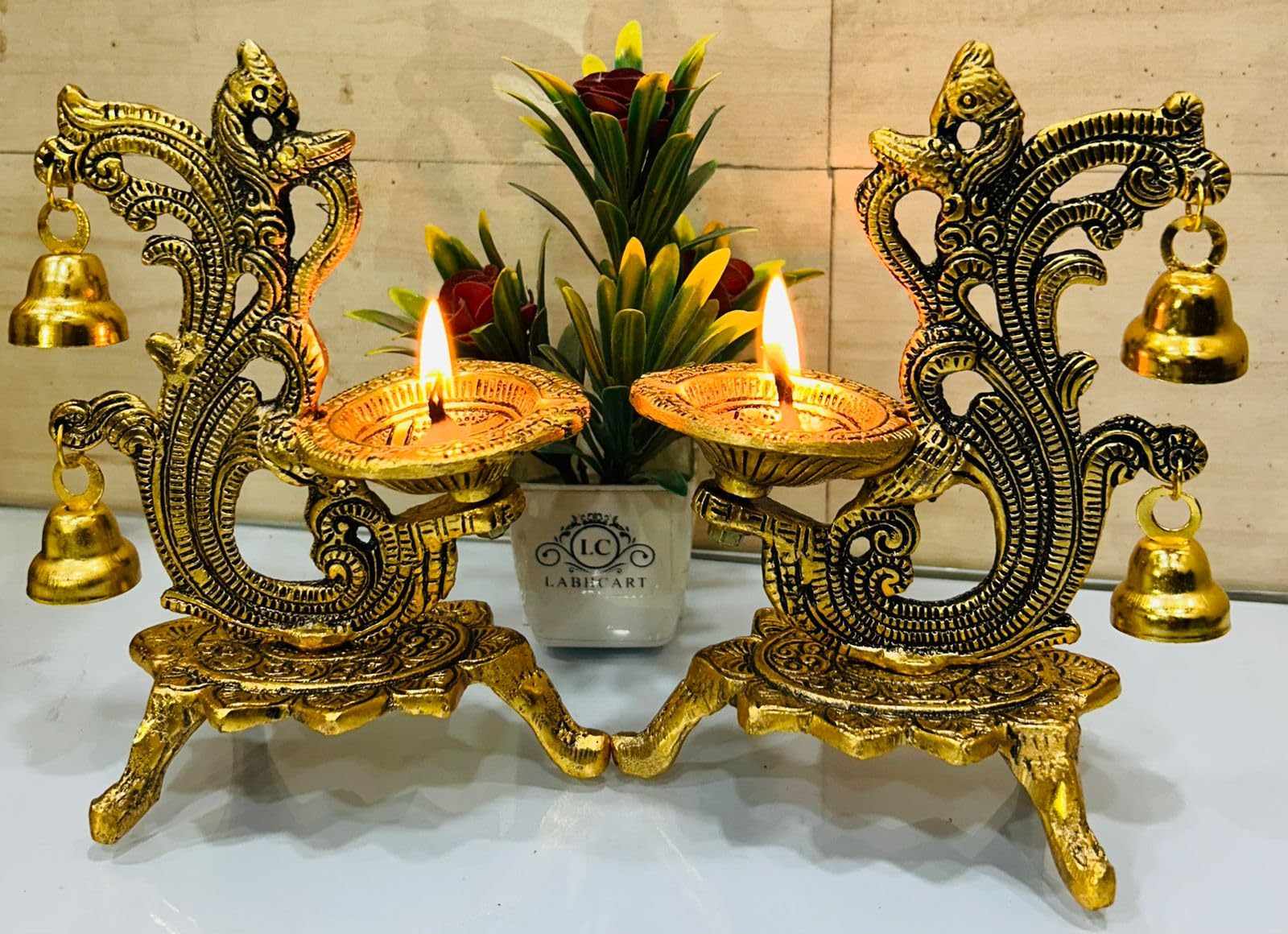 LABHCART Ethnic Carved Peacock Design Brass Diya with Bell, Brass Antique Oil Lamp, Brass Diyas for Home, Size - 8 Inches, Standard, Pack of 2 (B0DDXXZ8TF) Amazon Price History, Amazon Price Tracker