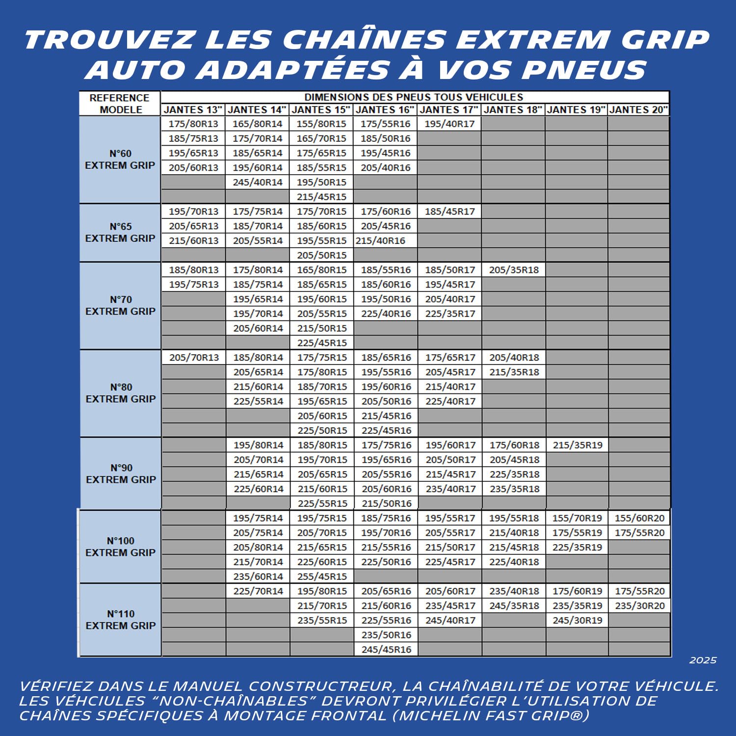 MICHELIN EXTREM GRIP, Chaînes à neige métalliques, Maillons 9 mm, Tension Manuelle Autobloquante, N° 110 - Montage Rapide - Adhérence Optimale sur Neige et Verglas - Sécurité et Visibilité Renforcée