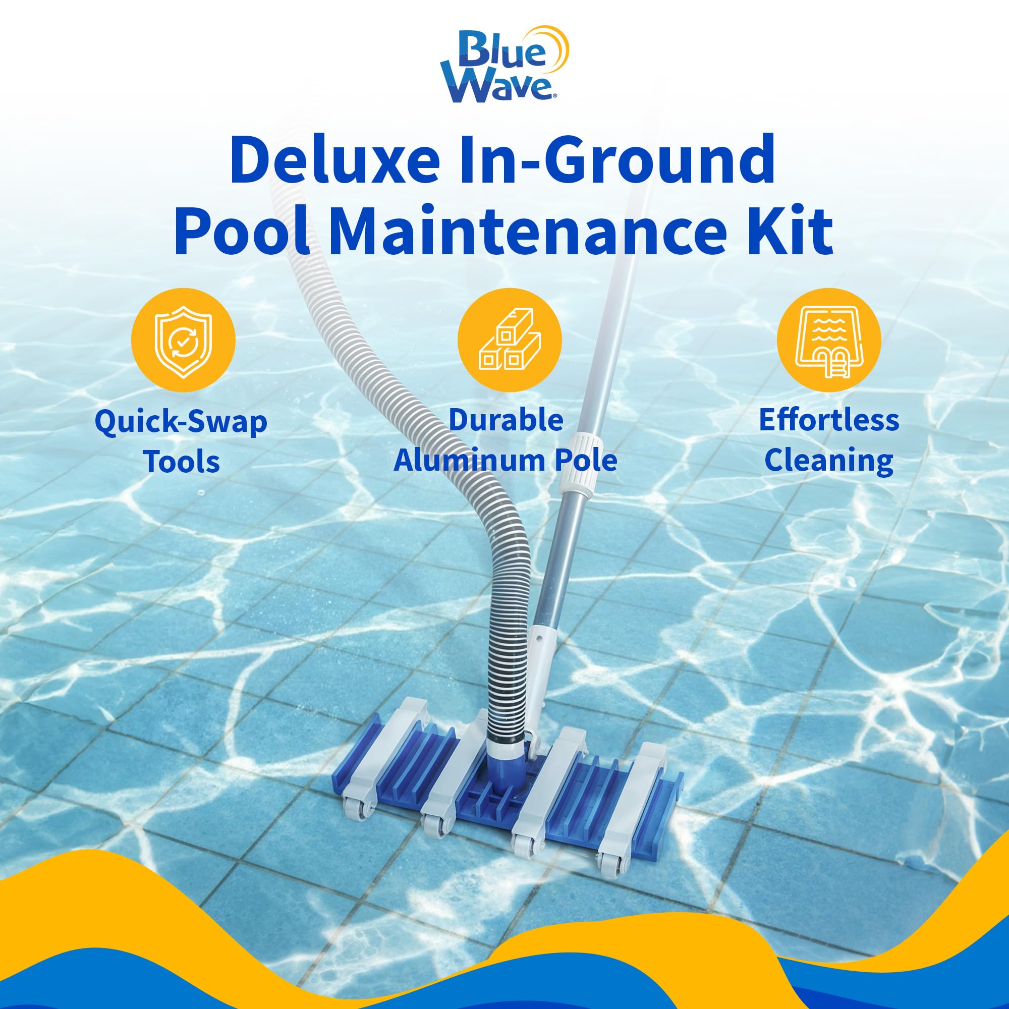 Blue Wave Deluxe Pool Maintenance Kit for In Ground Pool – Includes 15-ft Telepole, 40-ft Vacuum Hose, Leaf Skimmer, Wall Brush, Vacuum Head, Aluminum Hangers and 50 Test Strips