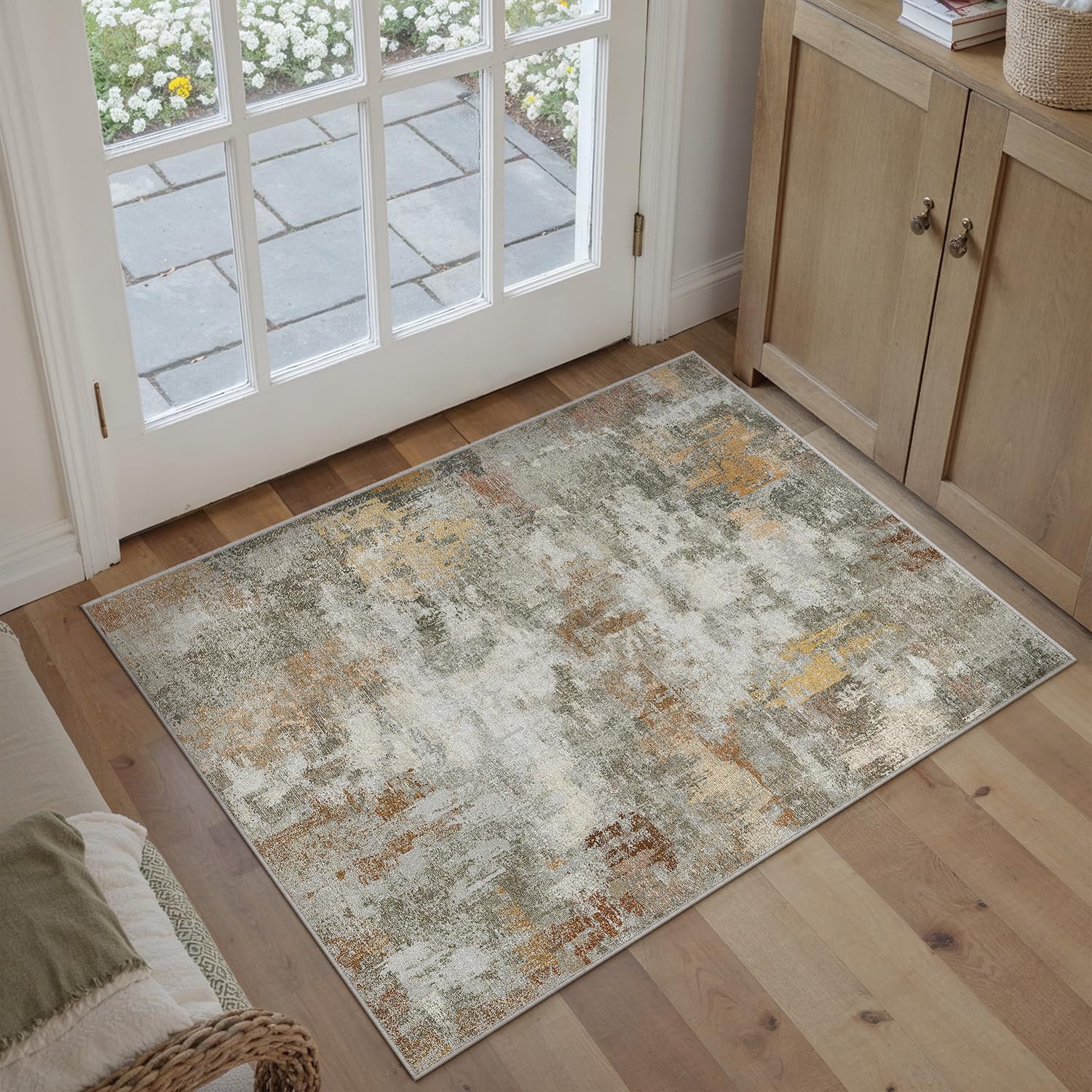 PureCozy FußMatte 60x90 cm Orange-Grau Abstraktes Teppich, Schlafzimmer Waschbare Kurzflor Boho Carpet,Langlebig und Pflegeleicht, Orientalisch Ethno Muster, Balkon Wintergarten Rug