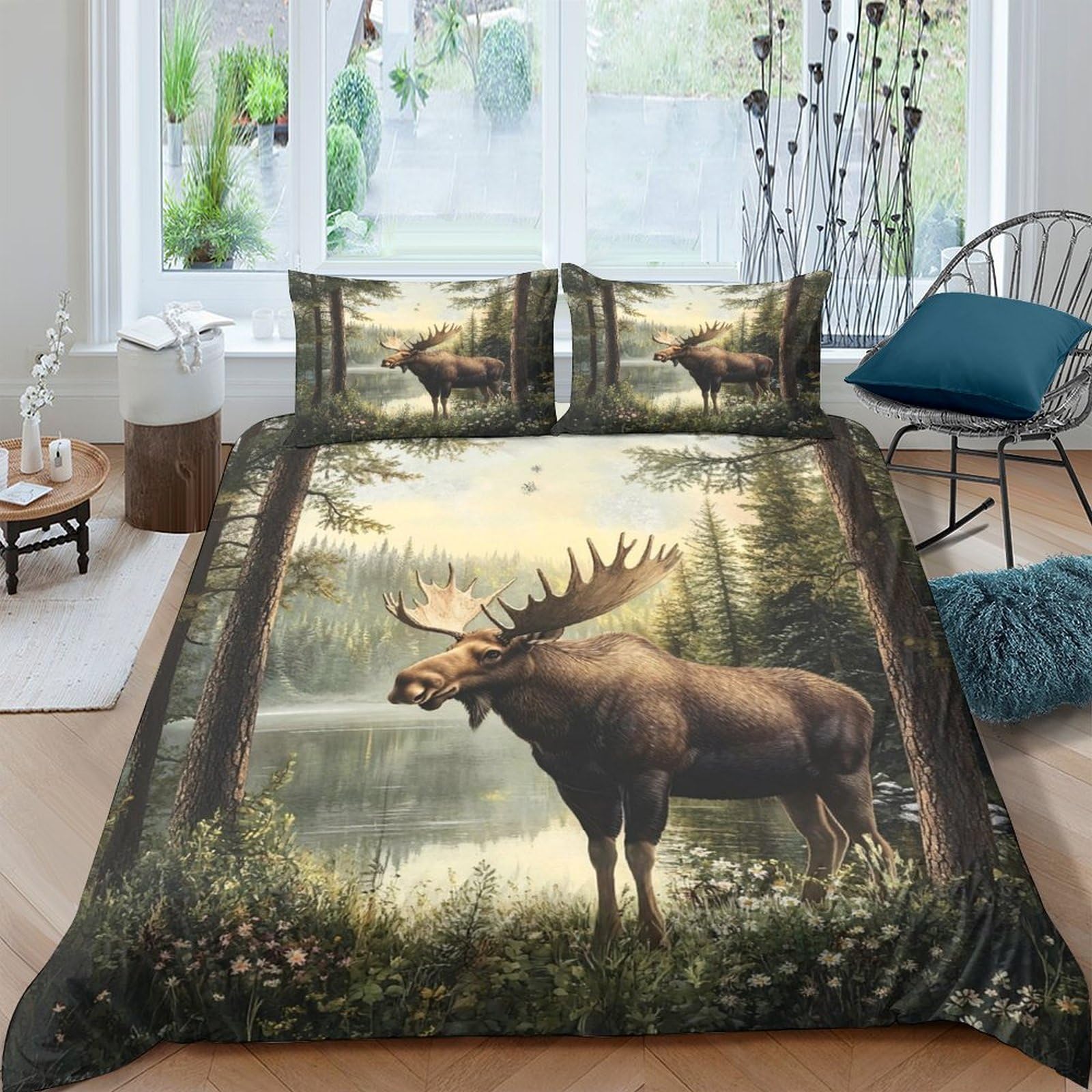 Ctjqhvkz Style-5 3D Printed Forest Moose Fitted Sheet Microfiber Soft Breathable Lake Landscape Mattress Cover Bedroom Decor Single（135X200cm）
