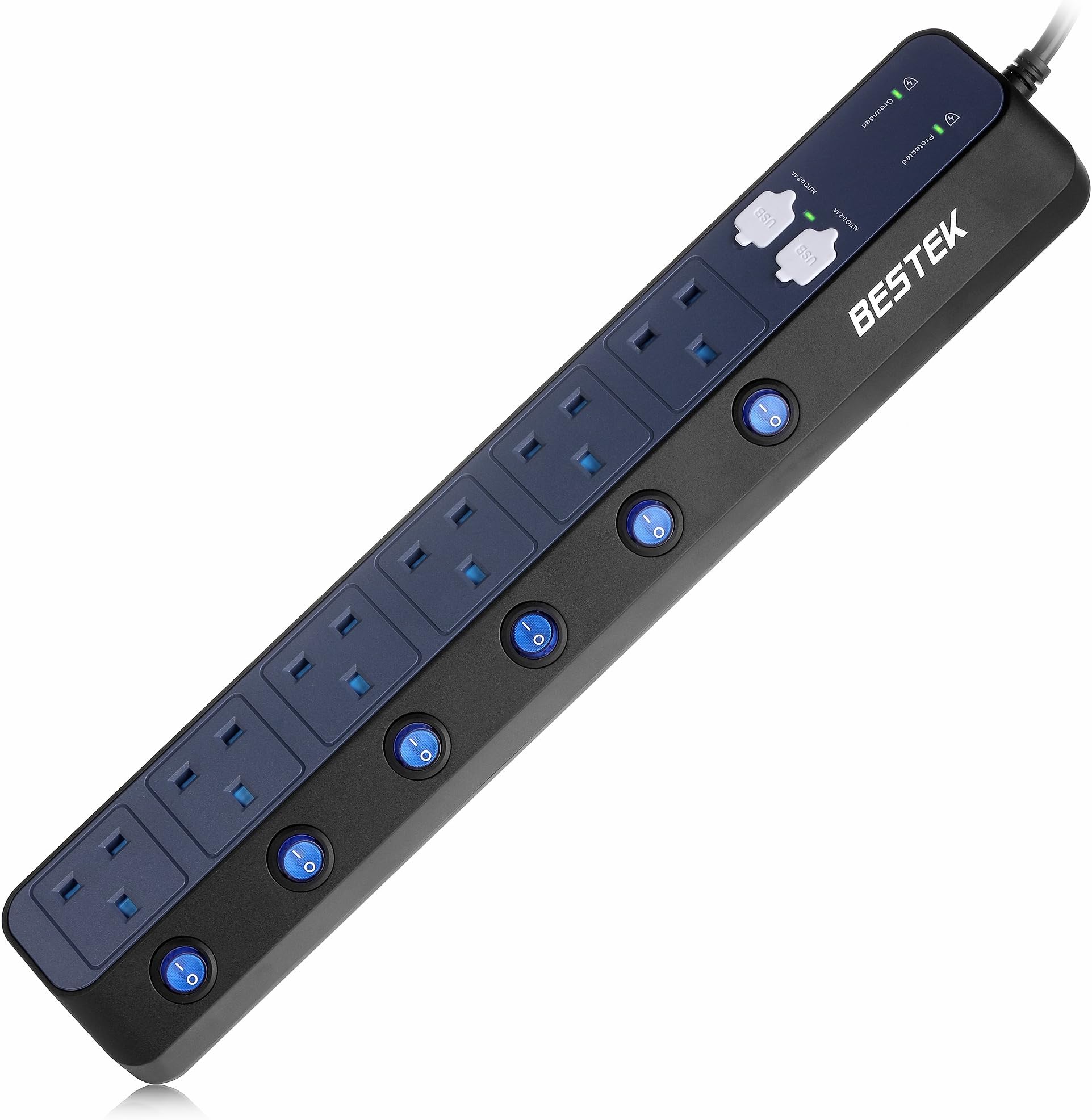 Individually Switched Extension Lead 6 Way Plug Socket 900J Surge Protector with 4-Port (5V/6A) USB Power Strip 3250W/1.8M