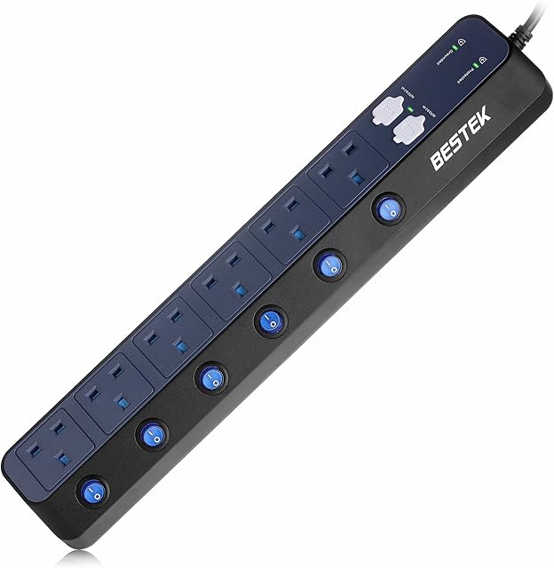BESTEK Individually Switched Extension Lead 6 Way Plug Socket 900J Surge Protector with 4-Port (5V/6A) USB Power Strip 3250W/1.8M
