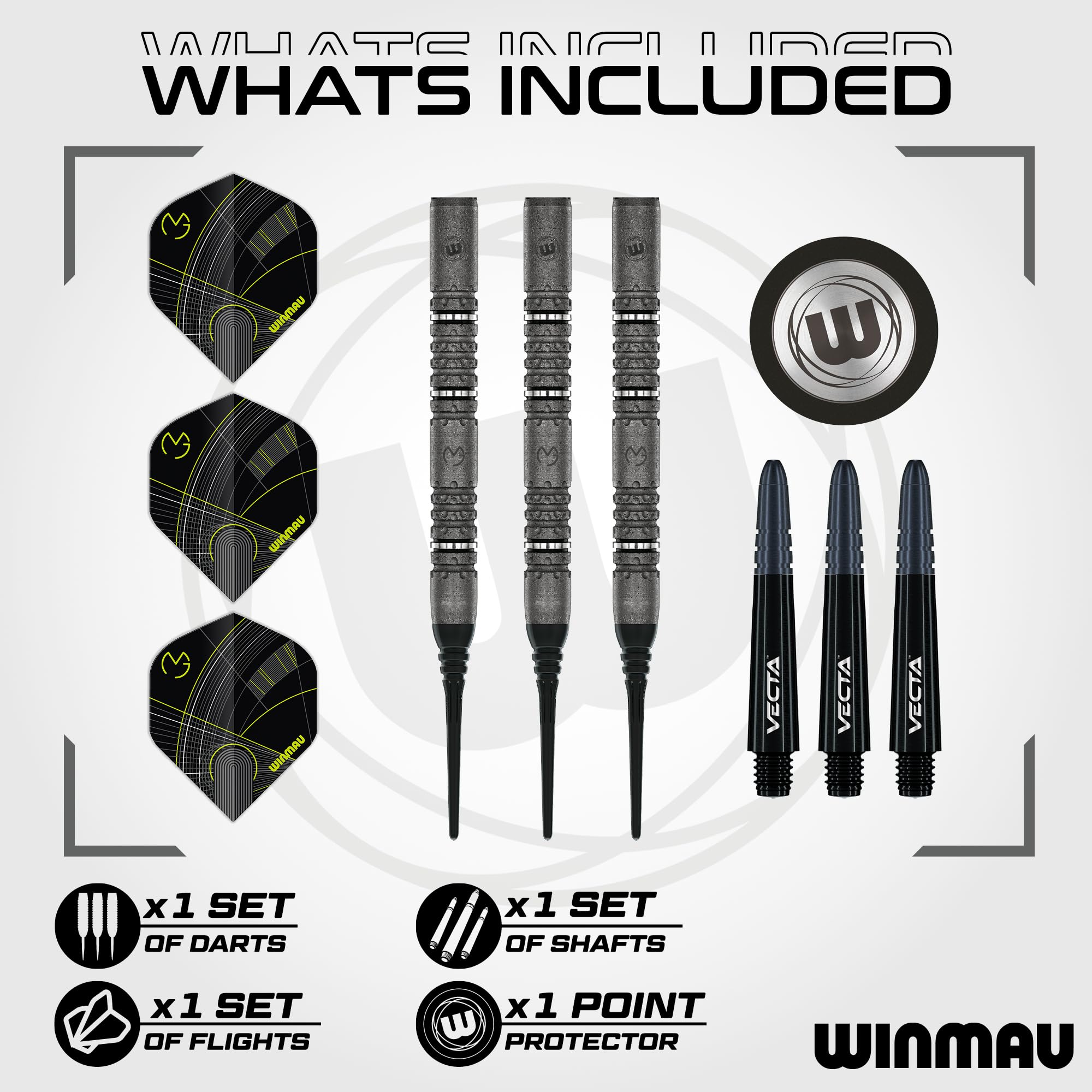 WINMAU Michael Van Gerwen MvG Signature Edition - 90% Tungsteno - Set di freccette professionali con alette e steli (aste) - Disponibile in punta morbida da 18 g e punta in acciaio da 22 g, 23 g e 24