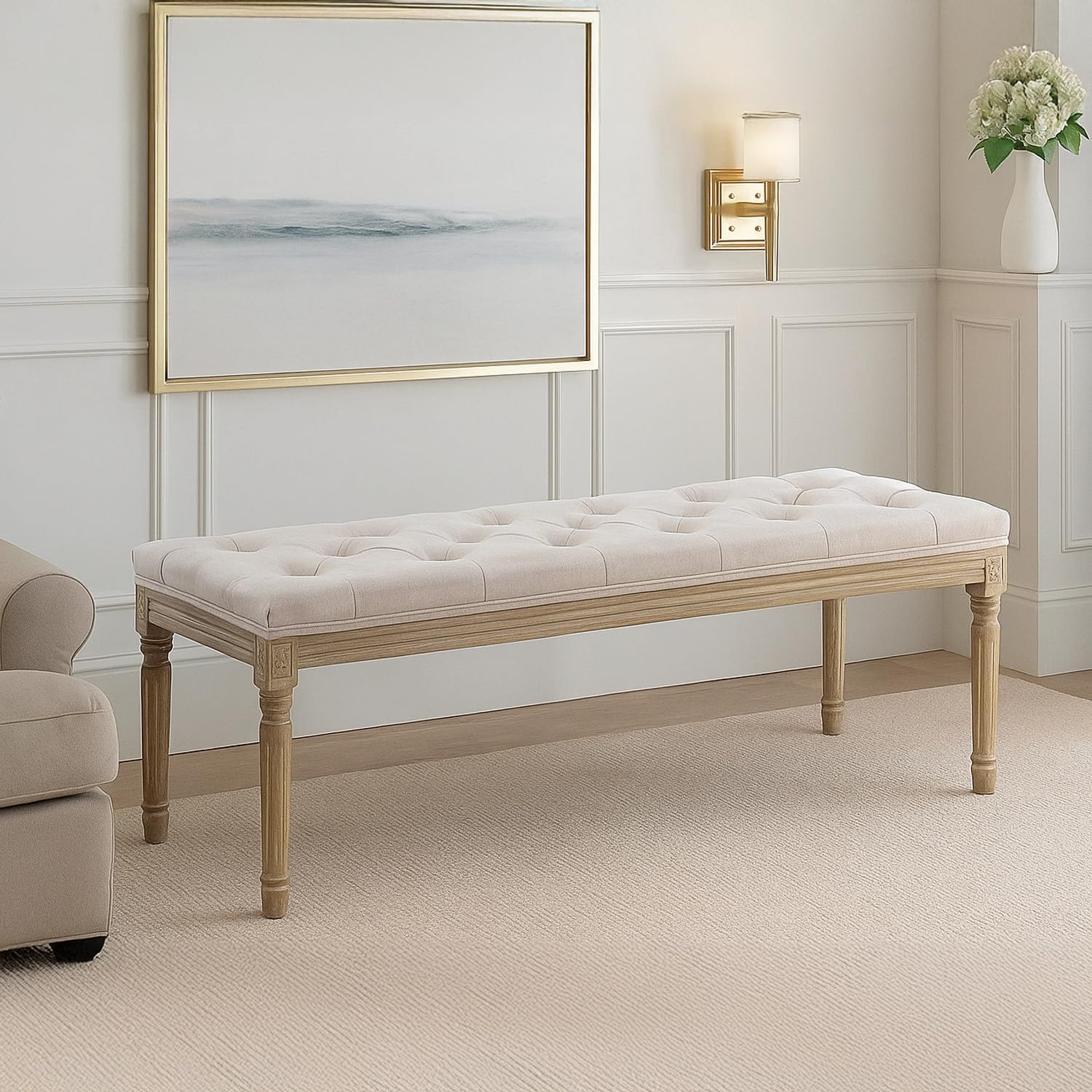 INTENSE DECO Banc capitonné Romane XL Style Louis XVI Tissu Beige