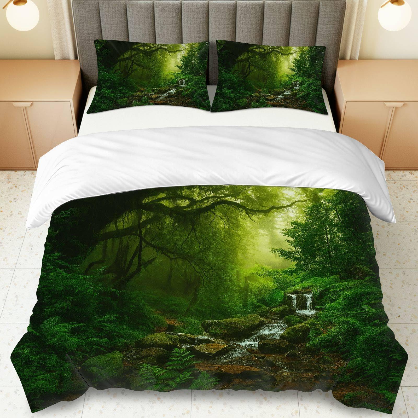 Parure de lit verte avec cascade imprimée en textile doux pour un sommeil premium
