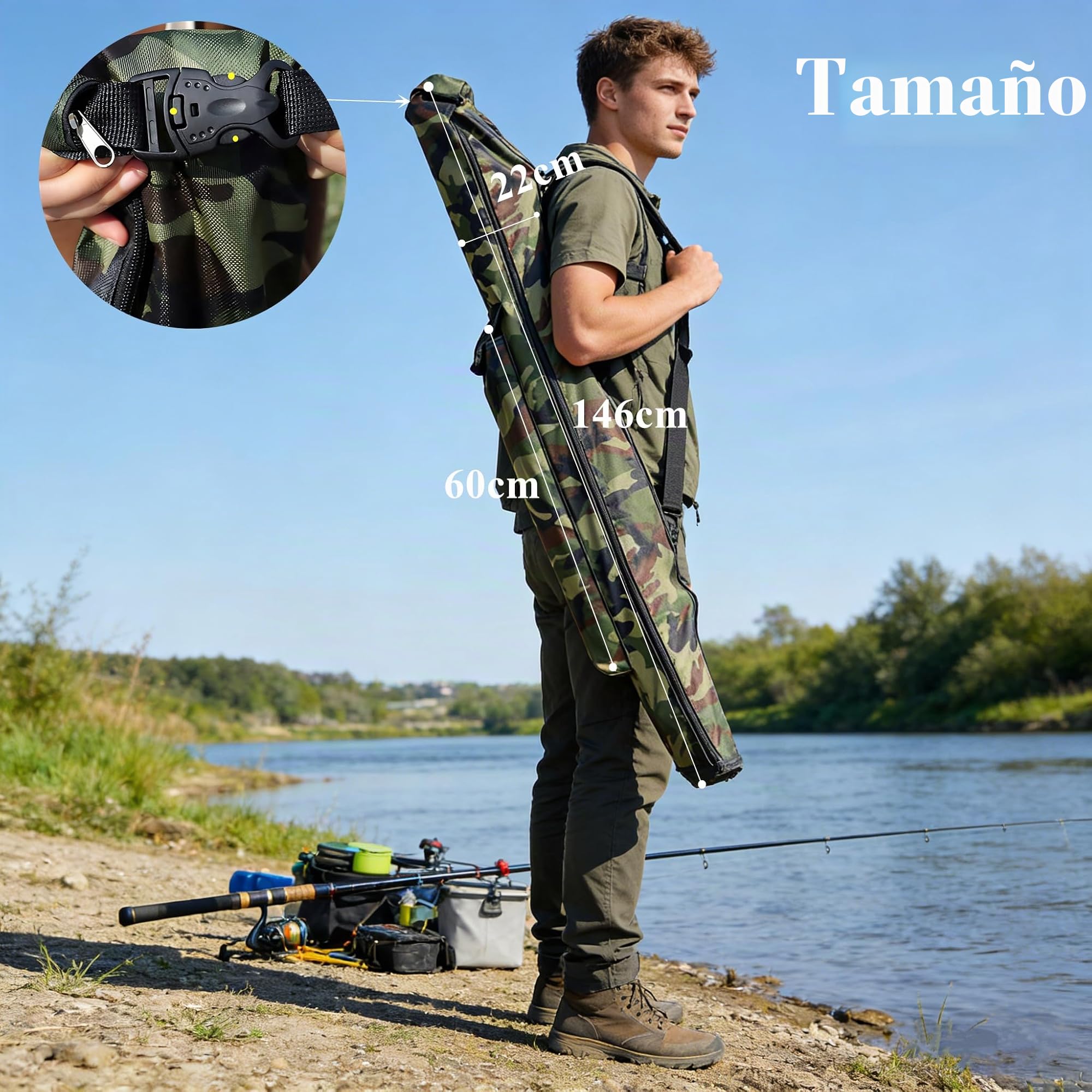 Bolsas para Aparejos de Pesca 146cm con cinturón de Hombro Bolsas de Pesca con Cremallera Lateral Impermeable Espesado Camuflaje Caña de Pescar y Equipo de Pesca de Bolsa de Almacenamiento