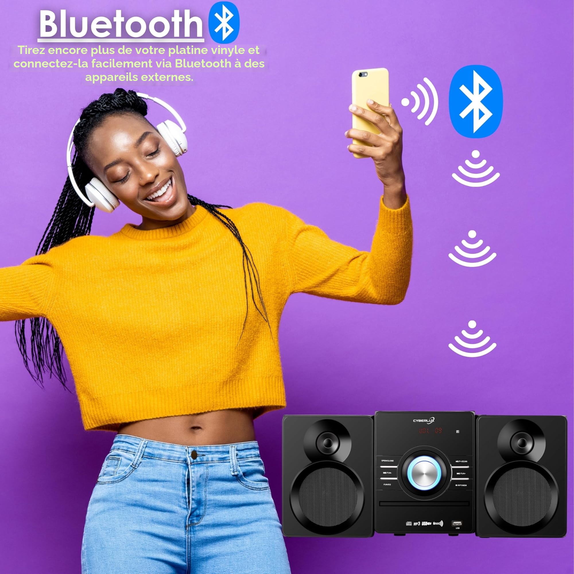 Système compact HiFi stéréo Bluetooth | Mini chaîne CD USB AUX FM 30 mémoires LED