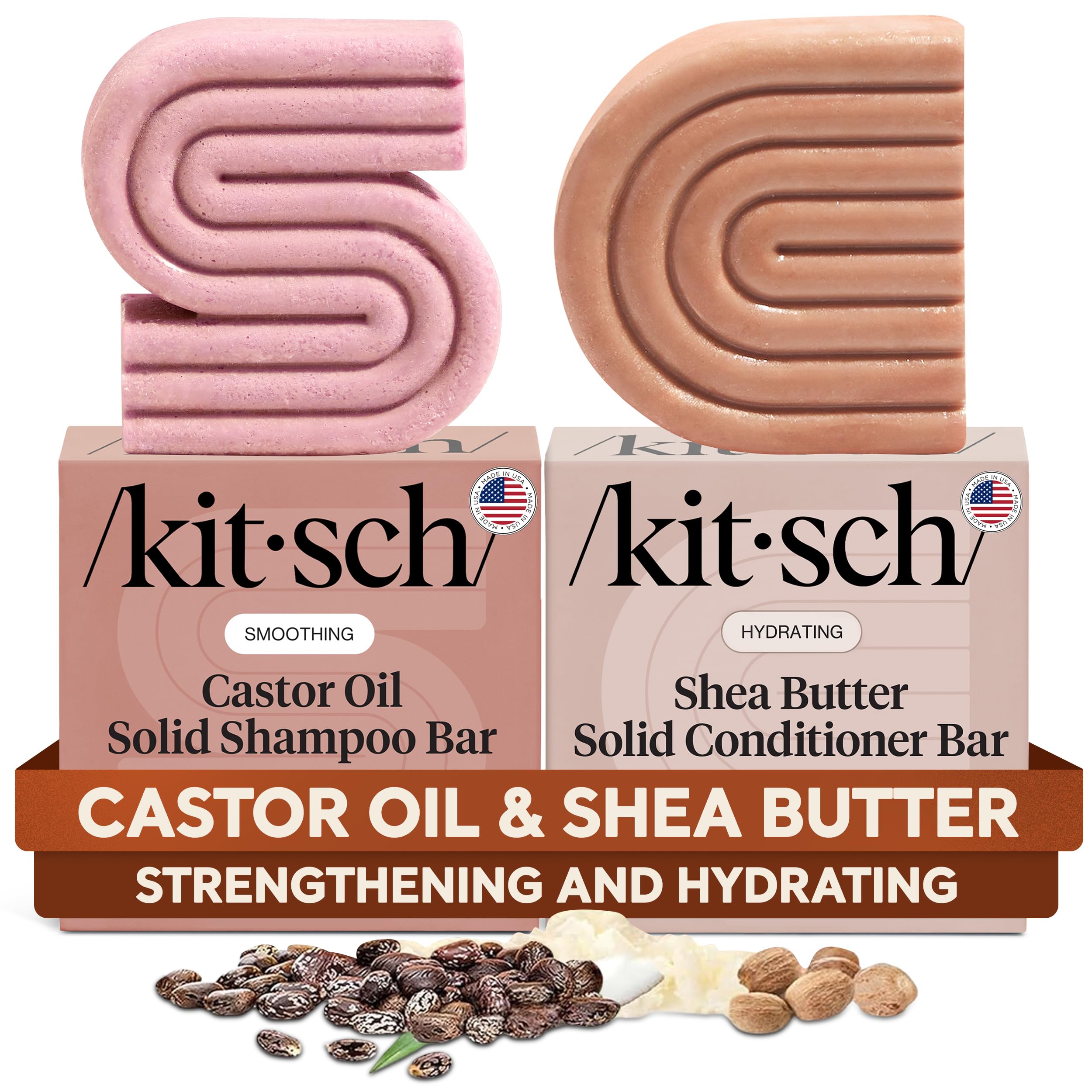Castor Oil Shampoo & Shea Butter Conditioner Bar – Shampoo and Conditioner Set - Hydrating & Moisturizing Bar Soap - Free of Paraben, Silicone, Sulfate - Made in USA - 2pc Set