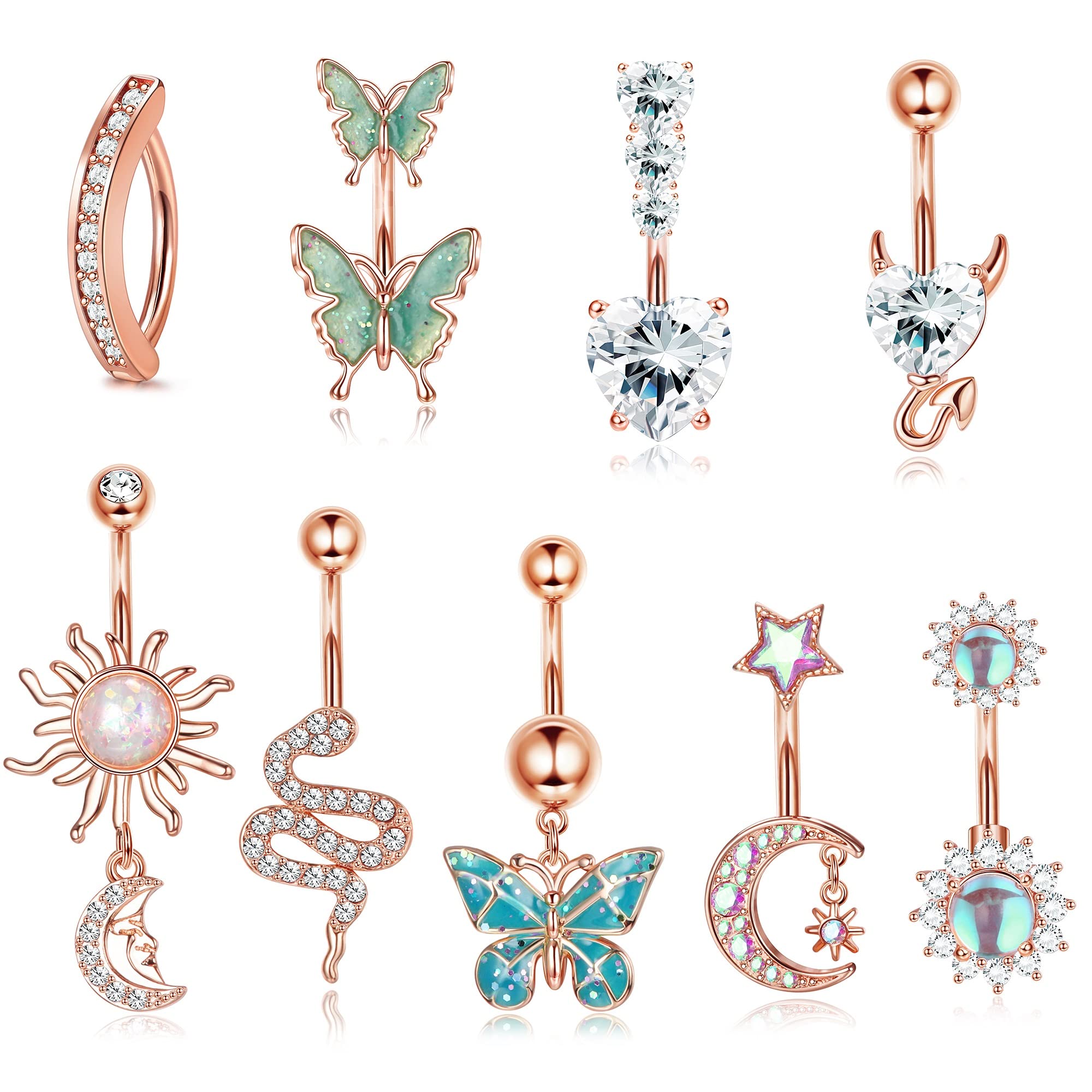 MILACOLATO10Pcs 14G Barras De Ombligo Para Mujeres Barra De Vientre De Acero inoxidable Corazón Serpiente Mariposa CZ Dangly Barras De Ombligo Piercing Jewellery Ombligo Joyería De Perforación