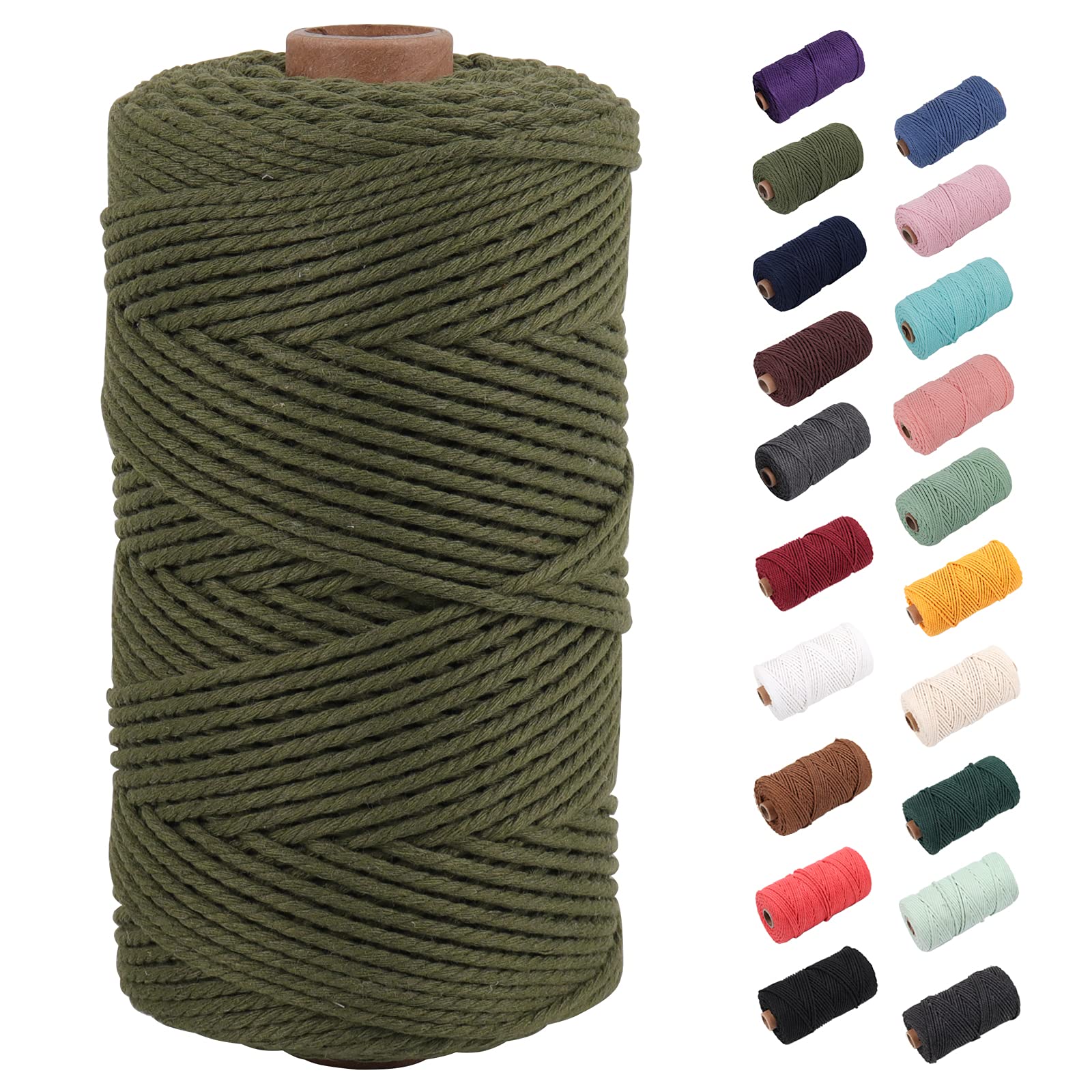 NOANTA Olive Green Macrame Cord 2mm x 220yards, Colored Macrame Rope, 3 Strand Twisted Cotton Rope Macrame Yarn, Colorful Cotton Craft Cord for Wall Hanging, Plant Hangers, Crafts, Knitting