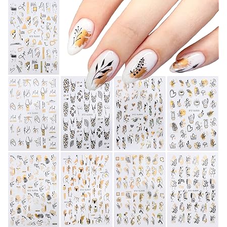 amazon com black gold graffiti nail art stickers 3d luxury laser abstract fun geometric lines face leaves flower leopard print nail decals for women girls self adhesive diy acrylic nail art designs 9 sheets