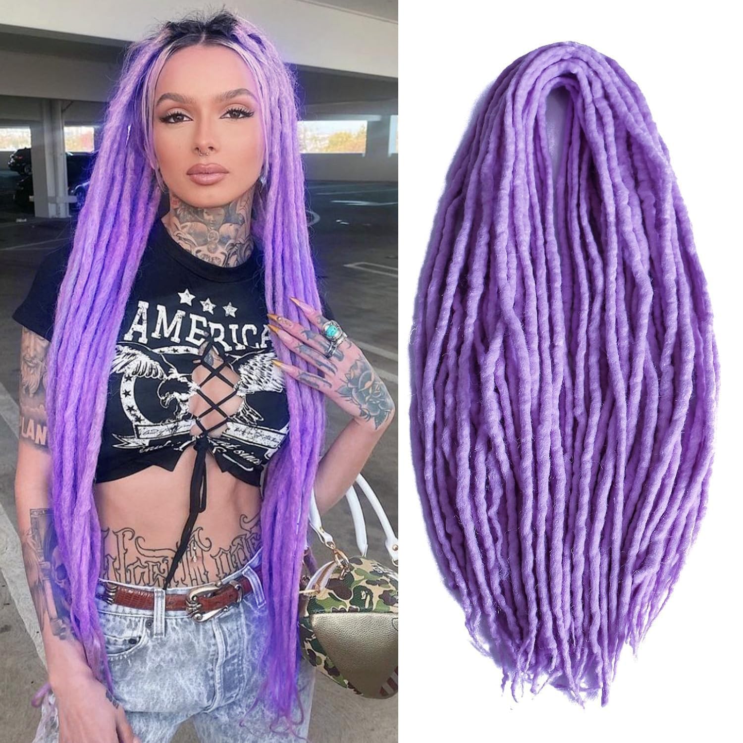 Lavender Purple Dreadlock Extensions 22Inches Wool Hippie Single Double Ended Dreads Extensions DE Ends 15 Strands Handmade Locs Extensions Reggae