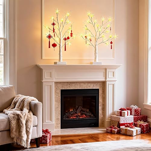 Miniatura 7 de Paquete de 2 decoraciones iluminadas de Navidad de Halloween para interiores, árbol de abedul de 2 pies con luces LED, pequeño árbol de Navidad de