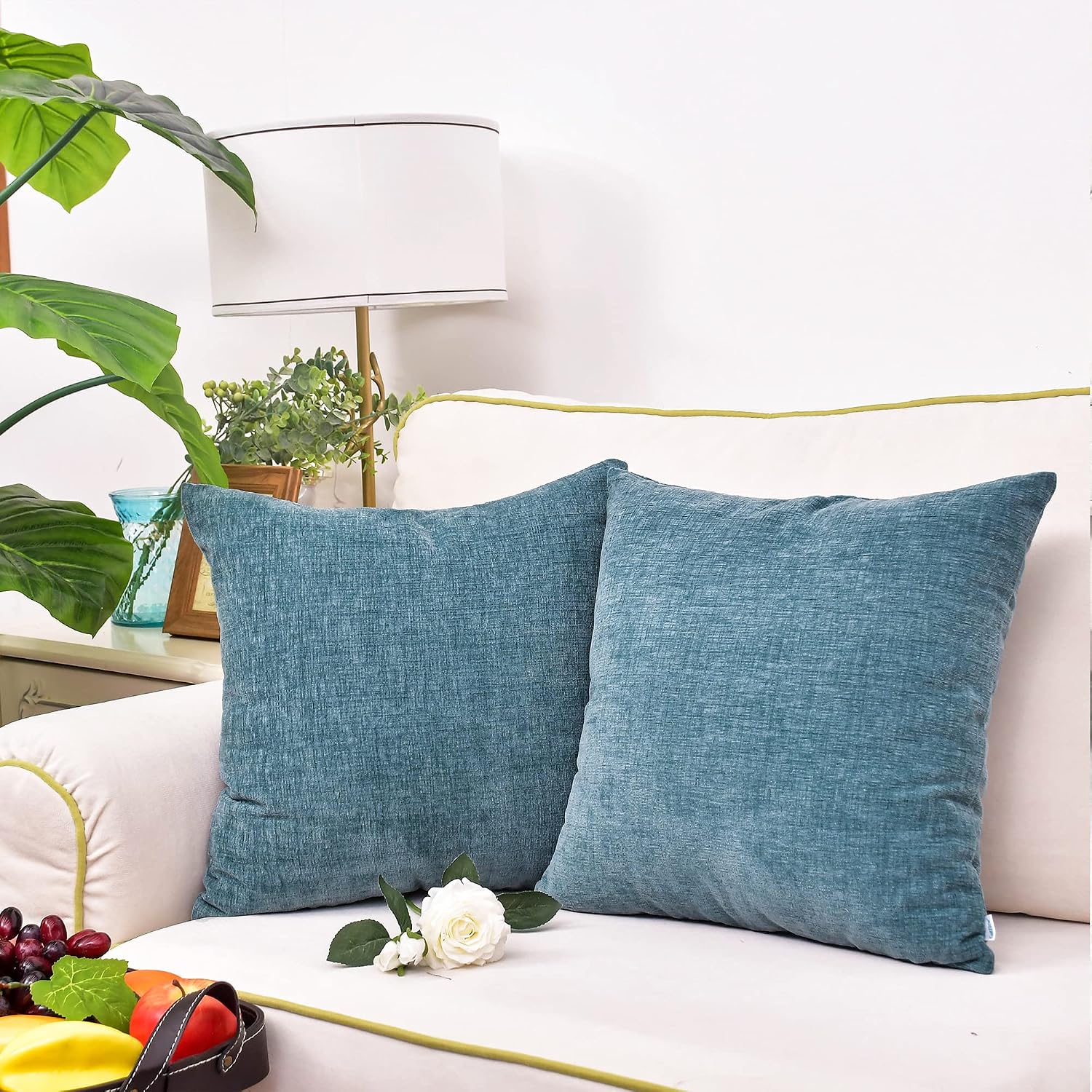 CaliTime Pack of 2 Cozy Bolster Pillow Covers Cases for Couch Sofa Home Decoration Solid Dyed Soft Chenille 40cm X 40cm Smoke Blue - Image 5