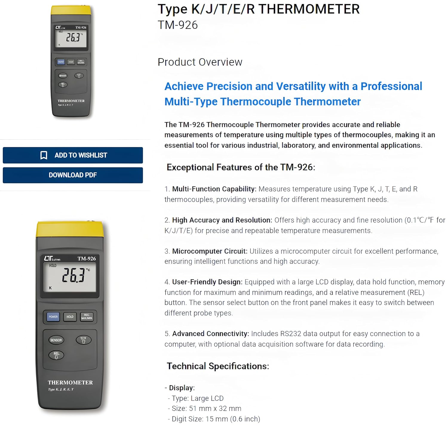 i-POOK THERMOMETER TM-926 high accuracy 0.1℃ Type K/J/T/E/R THERMOMETER TM-926 RS232 interface Accept multiple types of thermocouples made in Taiwan