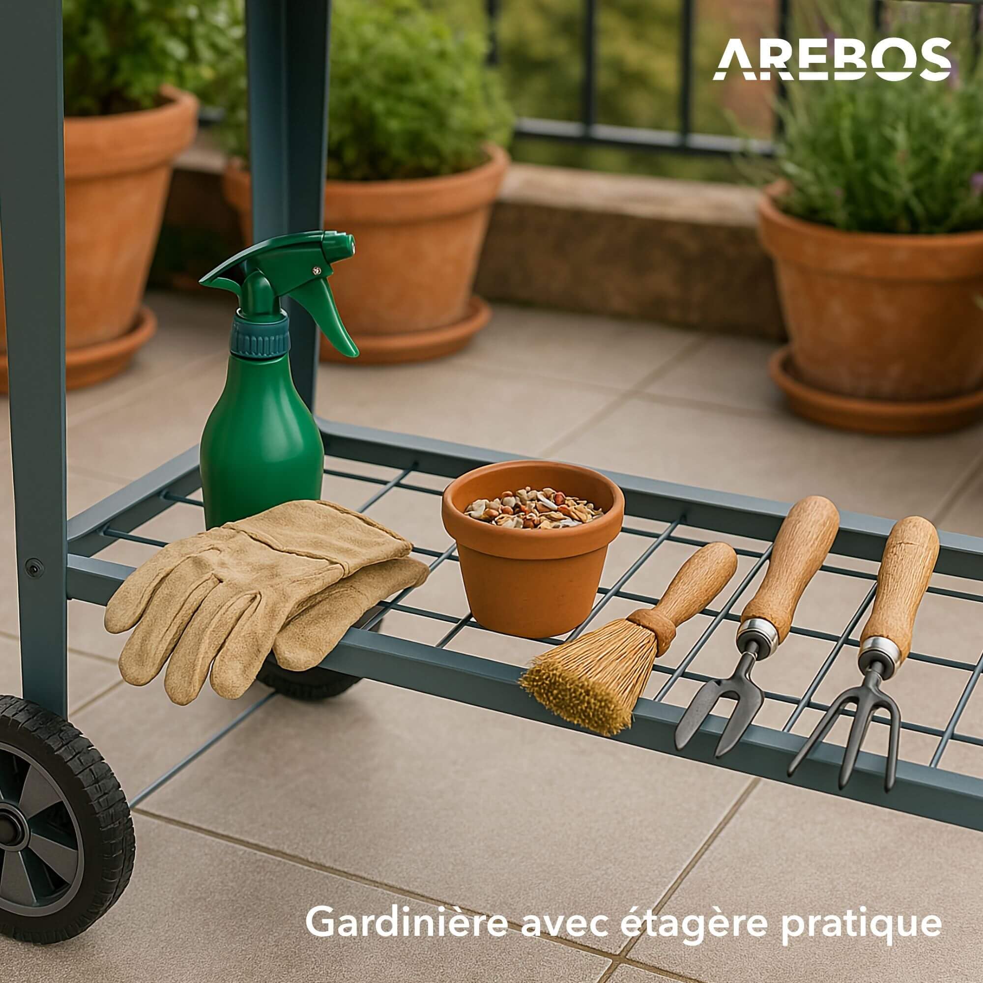 AREBOS Jardinière Surélevée avec roulettes et Tablette 108×51×80 cm | Bac de Culture pour Jardin, Terrasse ou Balcon | Idéale pour Légumes, Fruits et Herbes Aromatiques
