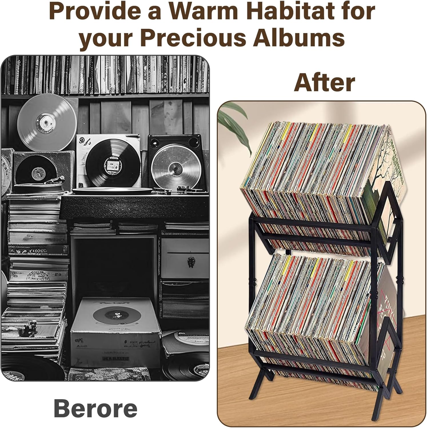 Vinyl Record Storage Rack, 160-200 LP Vinyl Record Holder With Dividers 2-Tier Vinyl Records Display Shelf for Magazine, Book, Files, Albums, Matte Black