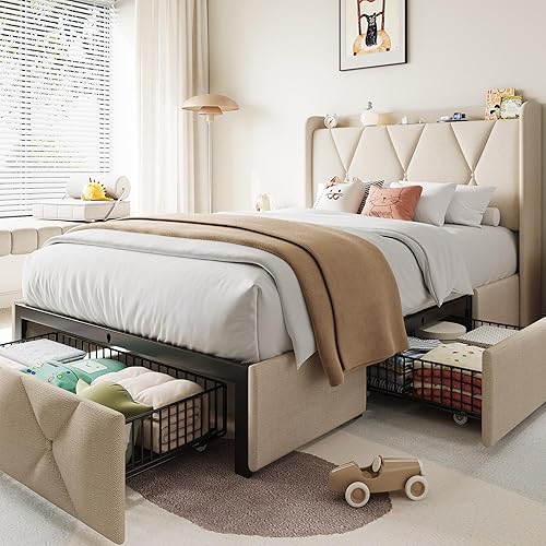 Vista 12 de Estructura de cama tamaño completo con 4 cajones de almacenamiento y estación de carga, estructura de cama plataforma tapizada con cabecera de Gris