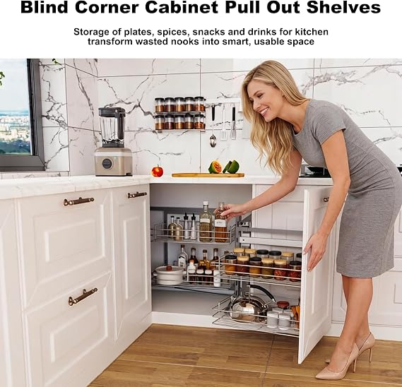 HANKEY Blind Corner Cabinet Pull Out Organizer, Chrome Carbon Steel Slide Out Magic Corner Kitchen Cabinet Storage Basket With 2 Tier 4 shelves Soft Close for 17in opening, Left & Right Compatible