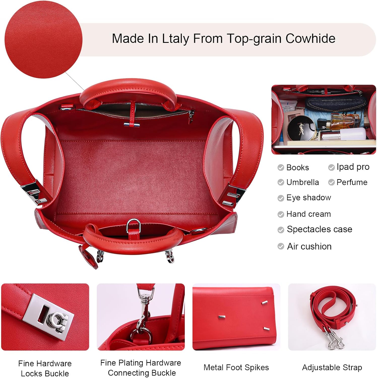 Designer Leather Tote Bags for Women: Luxury Crossbody Purses and Handbag - Trendy Top Handle Satchel Shoulder Bags for Work (Red) - Image 5