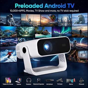 2026 New Smart Projector Built-in Apps Android 14 Native 1080P 4K Supported | WiFi 6 Bluetooth 5.2, 300 ANSI Lumens, Low Fan Noise (<30dB), Portable Mini Projector for Outdoor