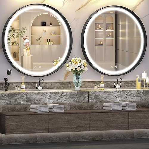 Miniatura 3 de Hasipu Espejo de baño LED de 24 pulgadas con luz, marco de metal negro redondo, espejos de baño para tocador, antiniebla, regulable, 3 colores