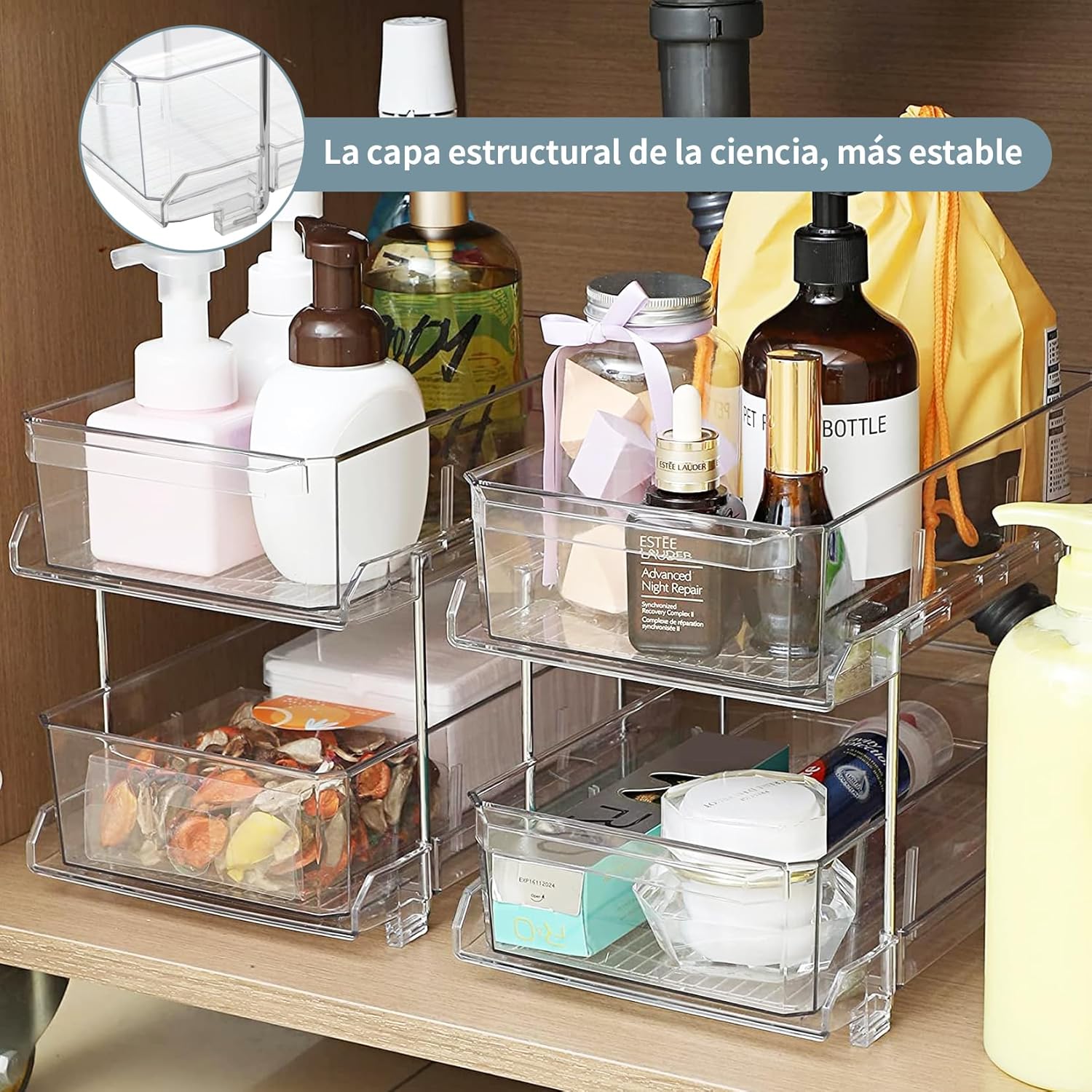 2-Tier Clear Organizer, Sliding Bathroom Organizer with Dividers, Acrylic Shelves, Pantry Organization and Storage for Closet, Countertop, Pantry