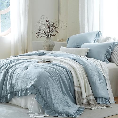 Blue Ruffle Comforter Set Queen, Pre-Washed Shabby Chic Bedding Set,