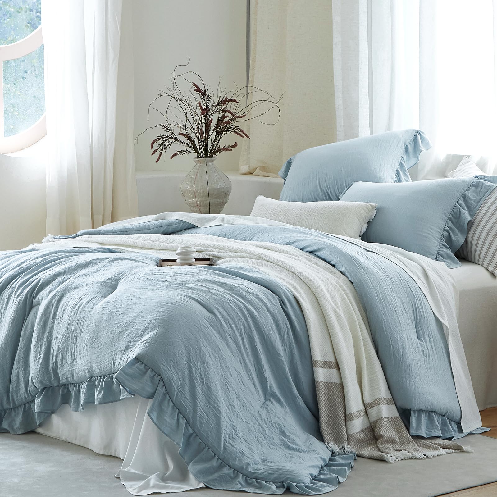 Blue Ruffle 3 Pieces Comforter Set King Shabby Chic Bedding Set