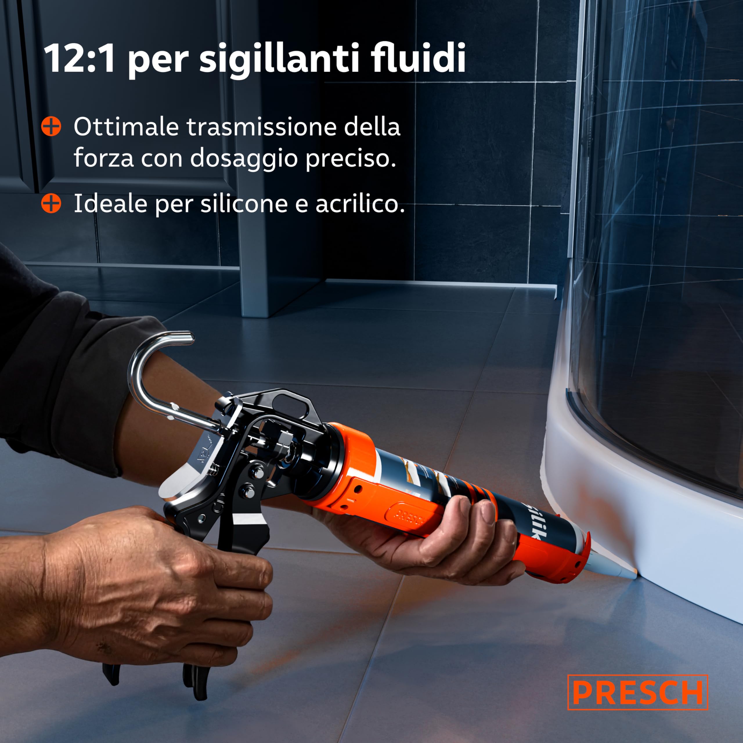 Presch Pistola Silicone 12:1 moltiplicazione & arresto goccia – Pistola per silicone per cartucce fino a 310 ml (bassa viscosità, acrilico) – Girevole 360° incl. ago di perforazione