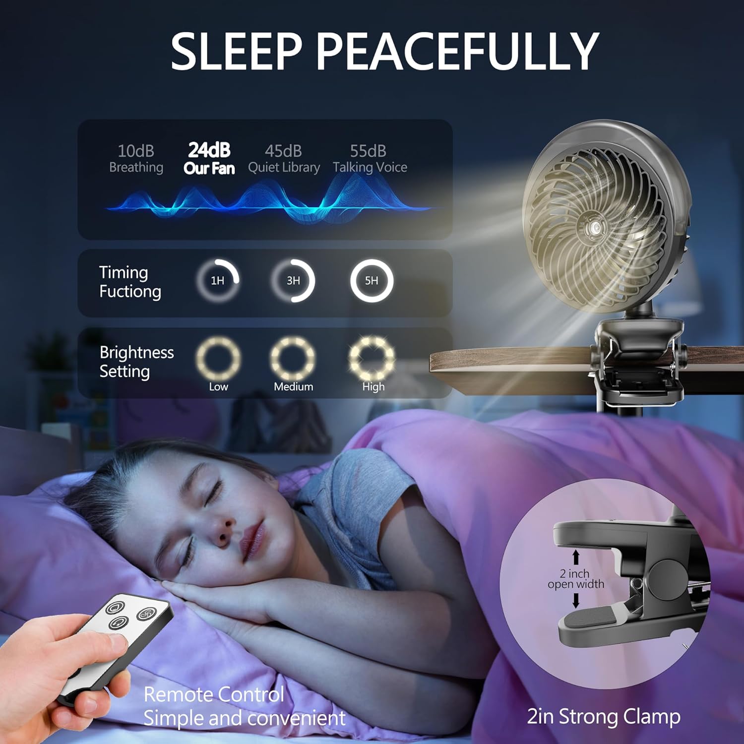 6″ Clip on Fan with Mist & LED Light, 8000mAh Portable Rechargeable Battery Operated Desk Fan with Remote, 45Hrs Quiet Auto Oscillation Small USB Fan for Golf Cart, Tent, Treadmill, Black