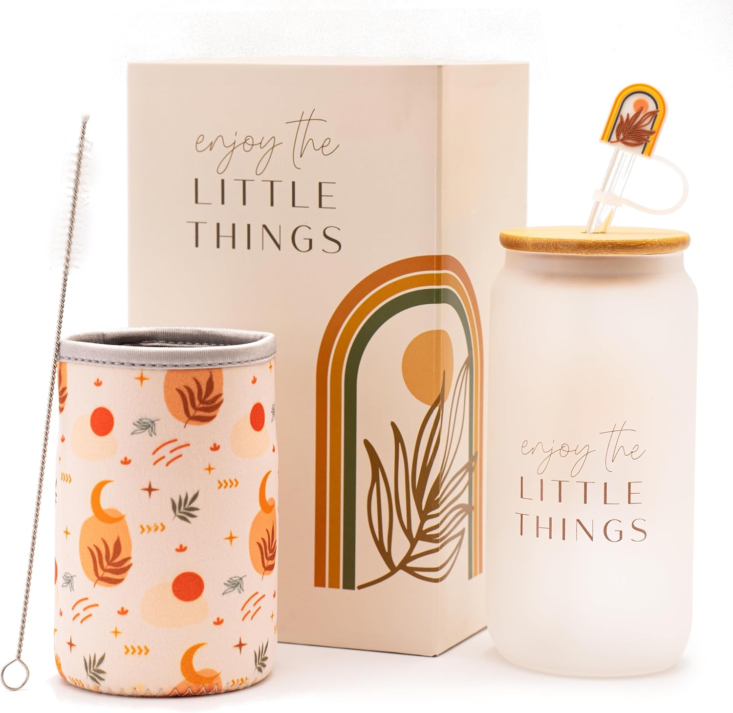 The Love Crate Co. Boho Gifts for Women - Cute Design Glass Cup with Lid and Straw, Customized Stopper and Insulated Cup Sleeve for Iced Coffee and Smoothies. Giftable Unique Tumbler Cups for Women