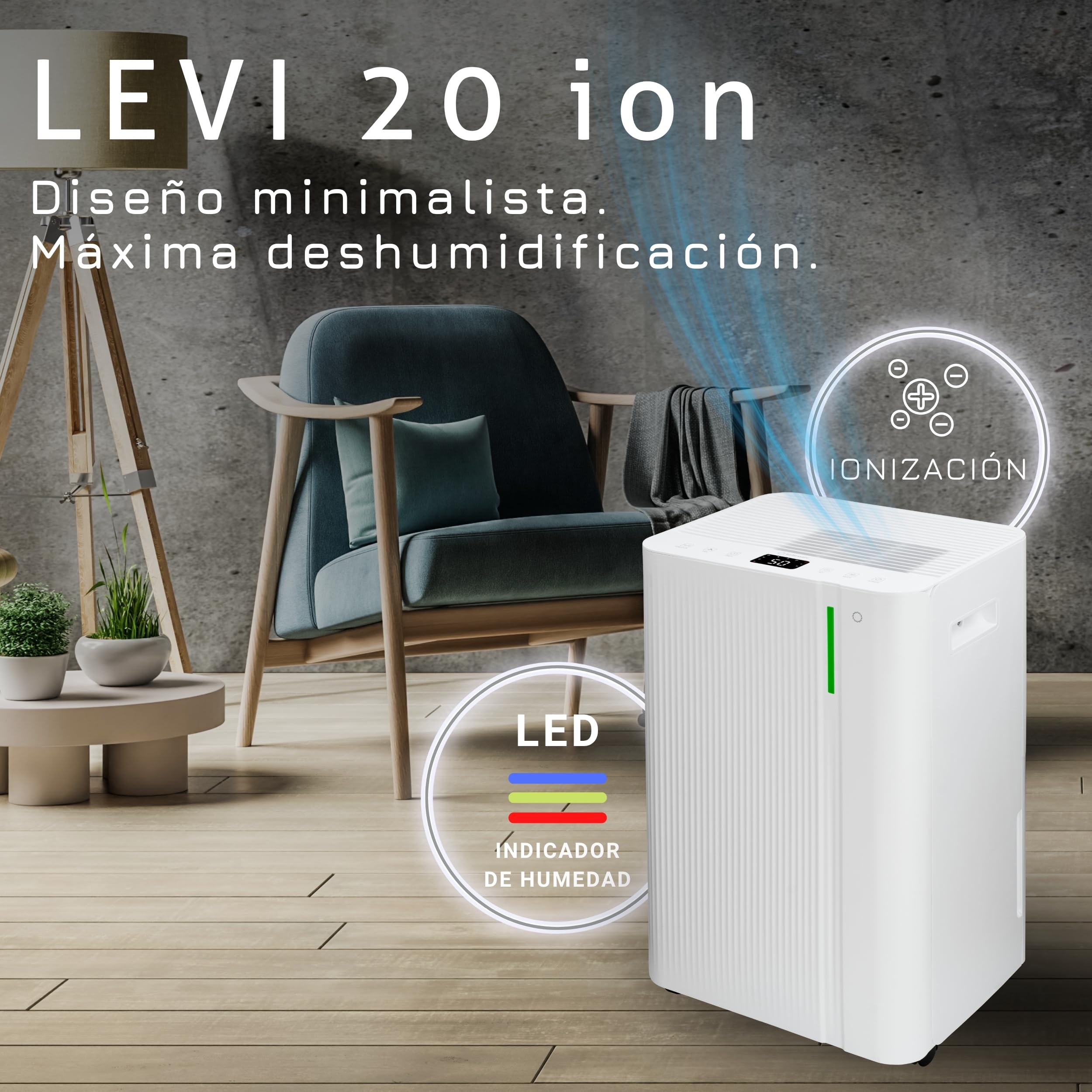 Deshumidificador Turbionaire LEVI 20 ION, 20 l/Dia, Purificación por Ionización, Hasta 35 m², Depósito 4.5L, Secado de Ropa, Indicador LED de Humedad, Temporizador, Antihumedad, Moho y Condensación
