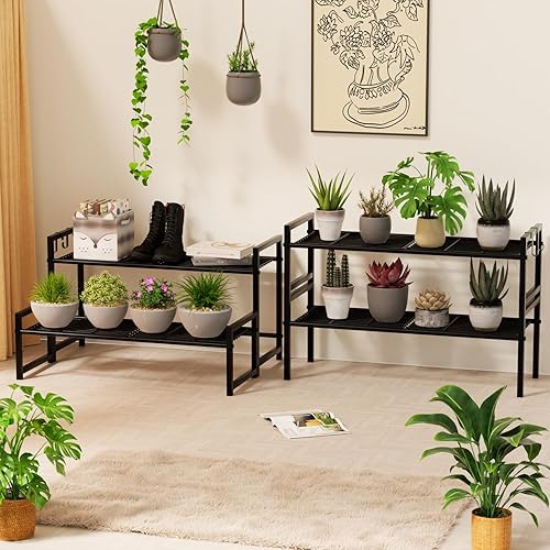 Miniatura 5 de Garden 4 you Soporte de metal de 2 niveles para plantas al aire libre e interior, impermeable, apilable, resistente, estante alto para plantas,