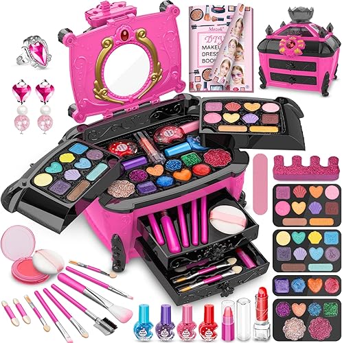 Kit de maquillaje para niños para niñas, juego de maquillaje lavable con estuche cosmético real para niñas pequeñas, juego de belleza de maquillaje