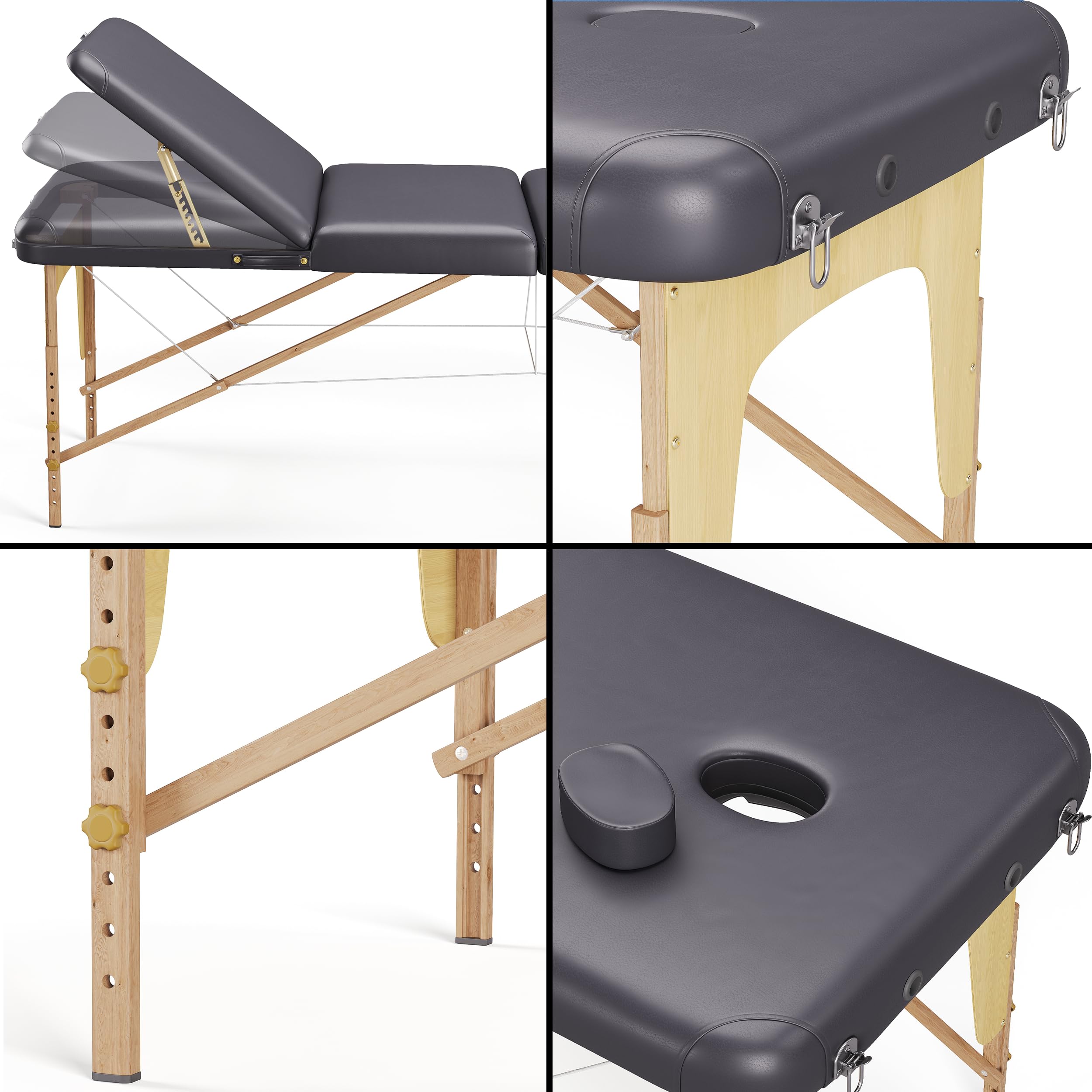 BELTOM® Table de Massage Basic 3 Zones Portables 185 x 60 cm. pour physiothérapie - Leger ne pèse Que 14,3 kg. - Cosmetique lit esthétique Pliante avec Panneau Reiki - Noir