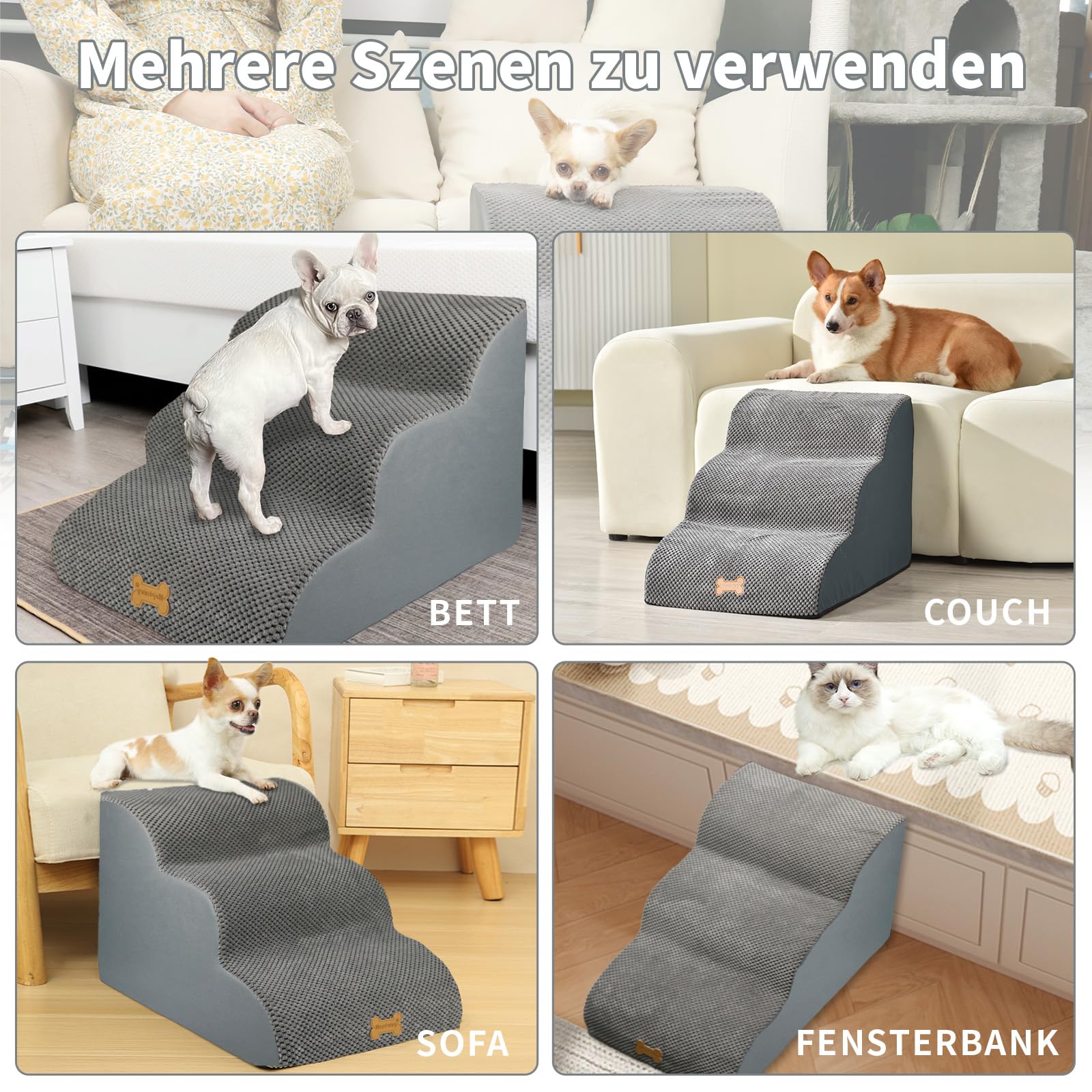 Nepfaivy Hundetreppe für Kleine Hunde 3-Stufig, Haustiertreppe für Bett und Sofa aus Hochdichtem Schwamm, Hunde Treppe Hunderampe mit Abnehmbarem, Waschbarem Bezug und Rutschfestem Boden, 60x40x40cm