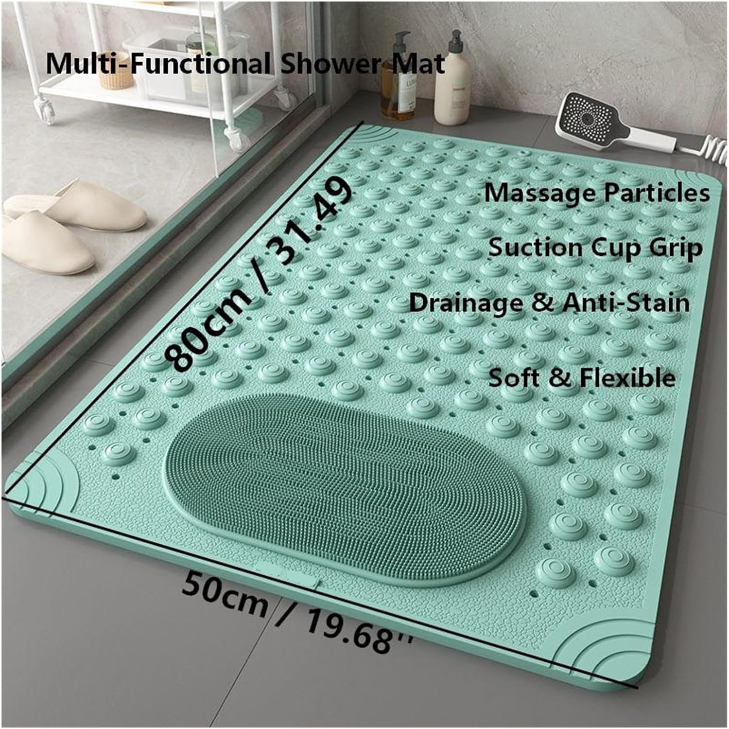 Non-Slip Bath Mat with Suction Cups – 19.7 X 31.5 Inch PVC Shower Mat with Exfoliating Foot Scrubber, Drain Holes & Massage Points, Anti-Slip Bathtub Mat for Seniors, Families, Spa, Blue/Green(Blue)