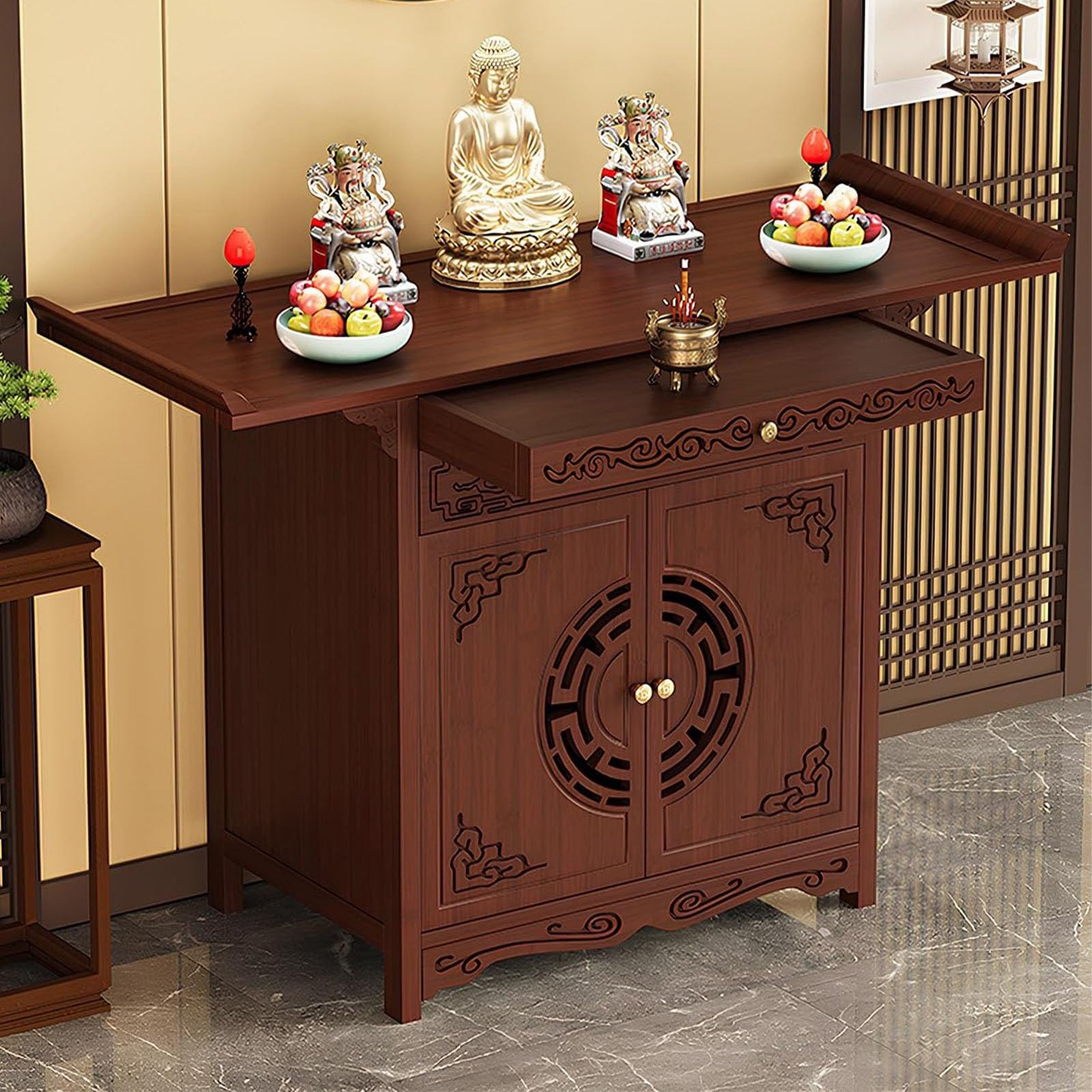 Mesa de altar de madera con armario para resolver el desorden de tus objetos zen