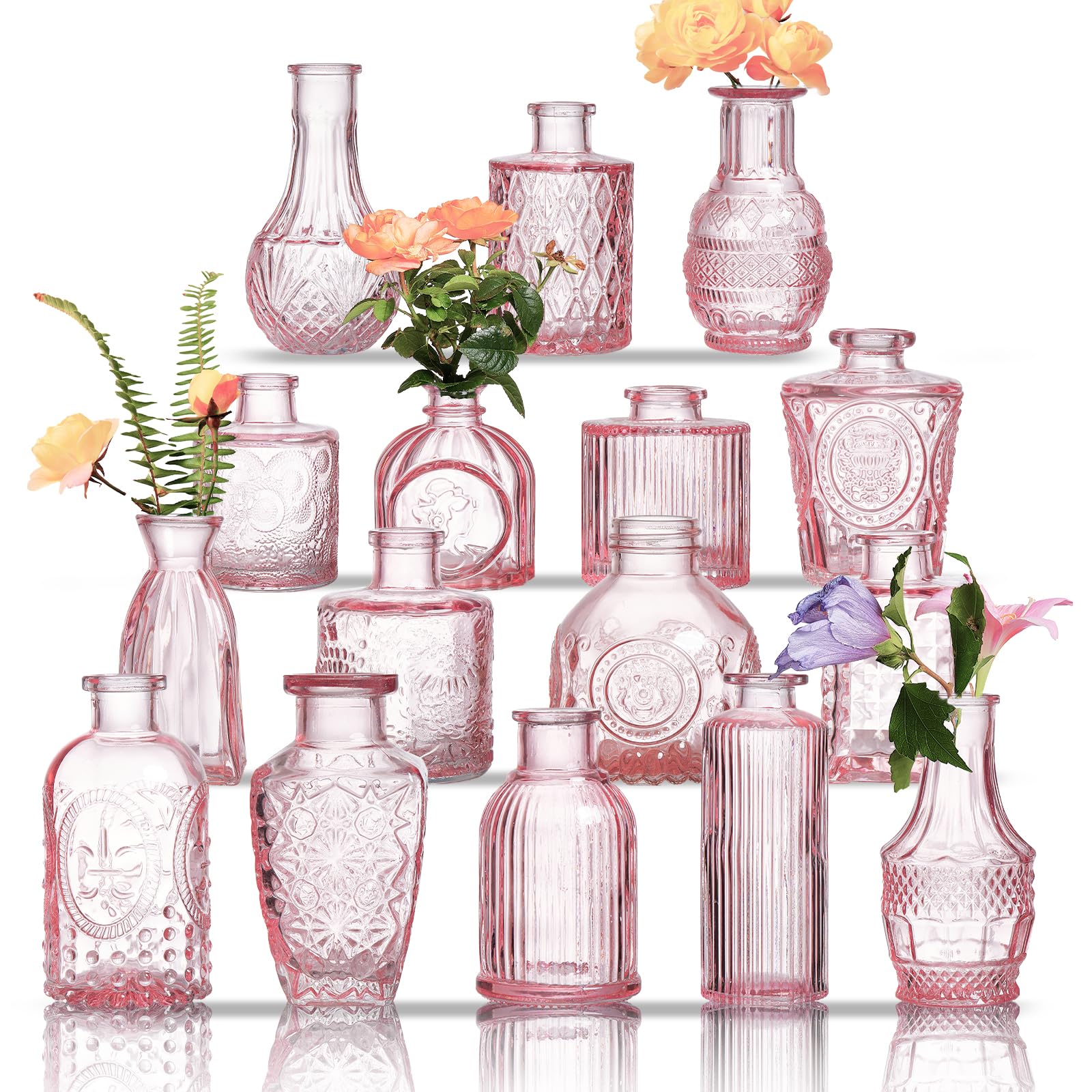 Glass Bud Vases Set of 16 - Pink Assorted Small Mini Glass Vases for Flowers, Crystal Vintage Vase Set, Bulk Centerpieces for Table Décor, Wedding, Home and Events (Pink, 16 Pcs)