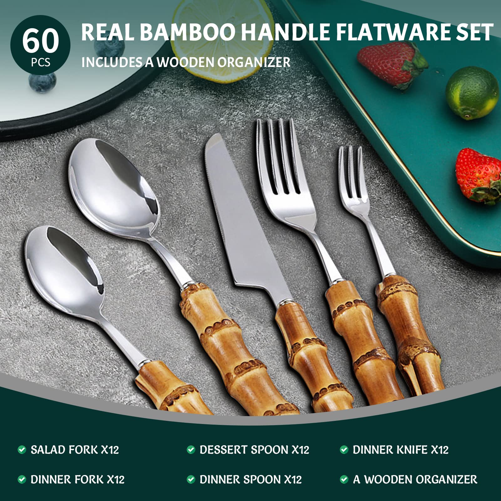 60 Piece bamboo silverware set bamboo handled Stainless Steel flatware Set, Household Kitchen Utensil Flatware Sets for 12, Handle Cutlery Sets, Dishwasher Safe