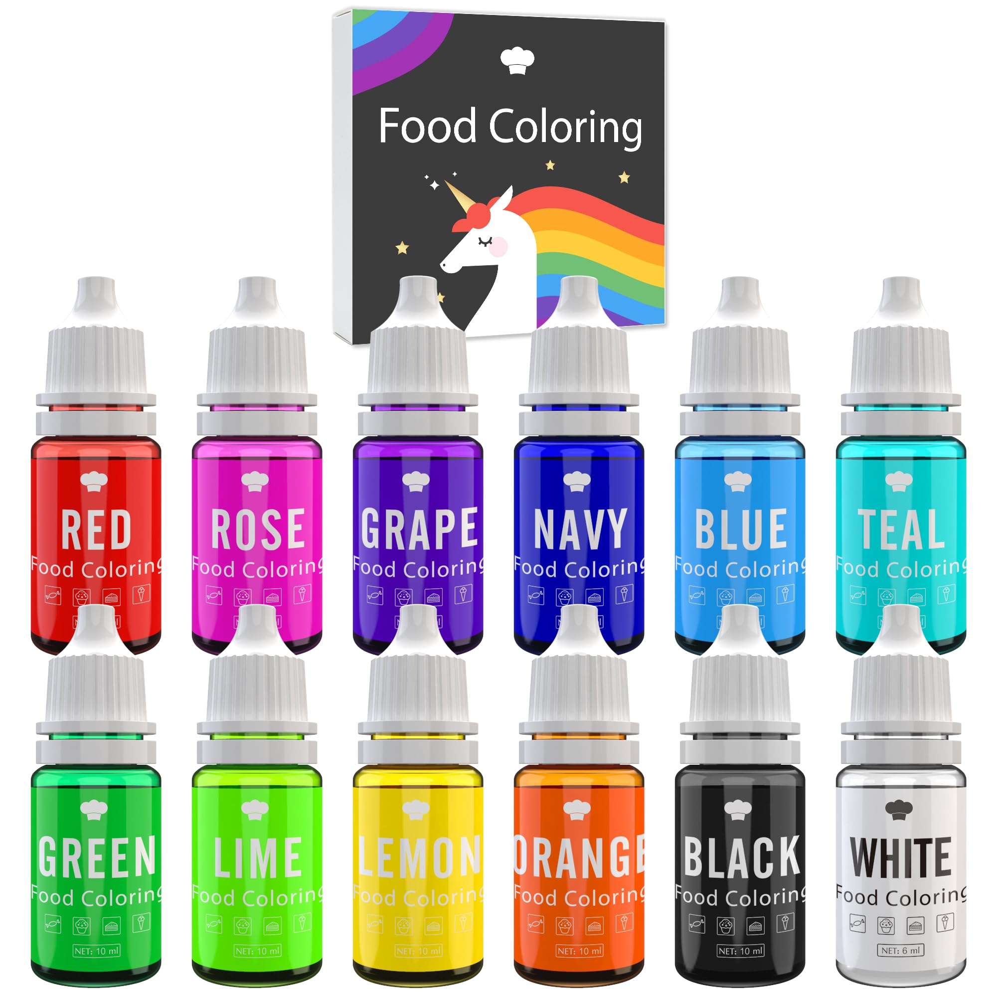 Lebensmittelfarbe - 12 x 10ml Lebendige Lebensmittel Farben zum Backen, Kuchen Dekorieren, Zuckerguss, Kekse, Fondant und Macaron - Flüssige Food Coloring für die Seifenherstellung und Basteln
