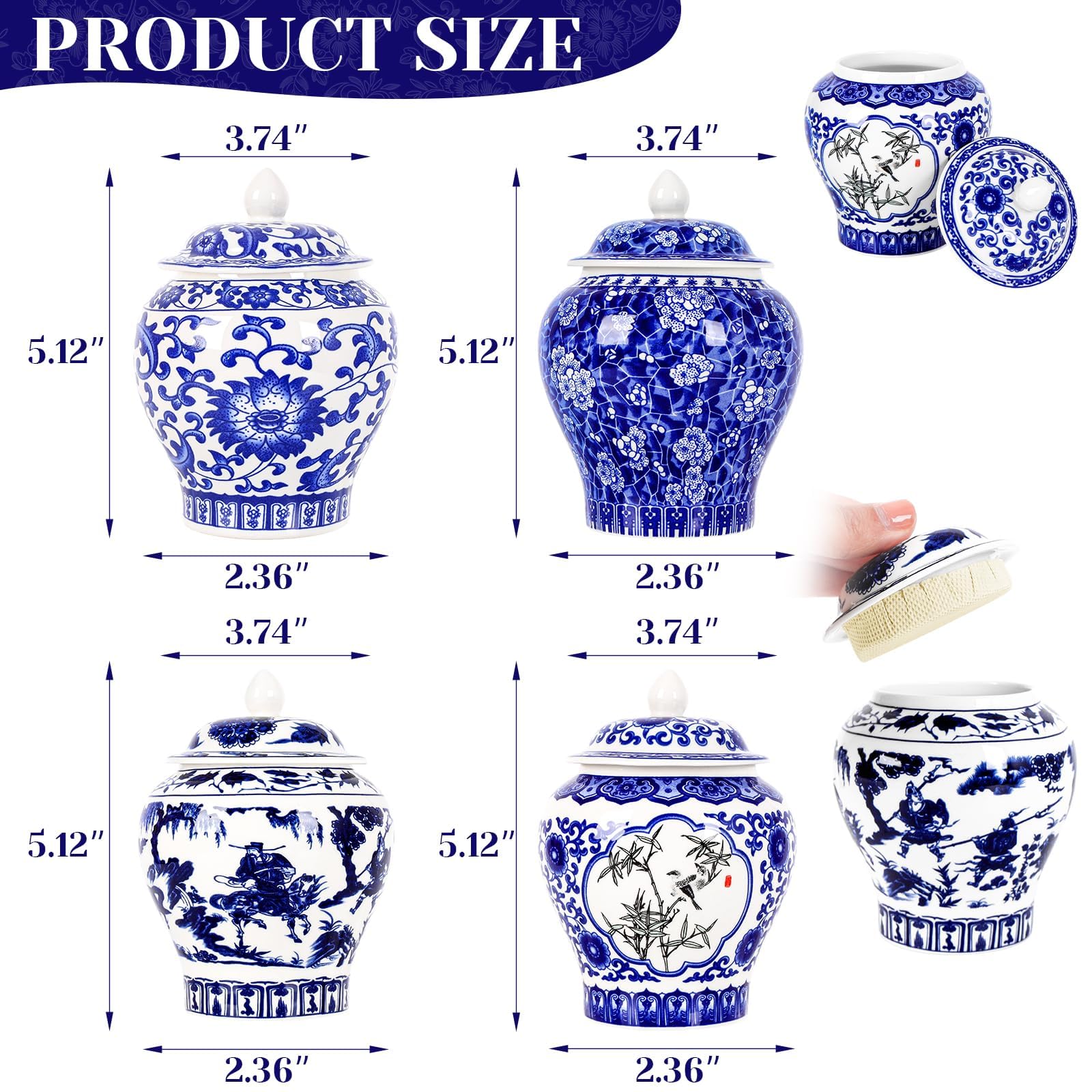 YUDIZWS Set mit 4 kleinen blauen und weißen Vasen, Porzellanvasen, blaue Chinoiserie-Dekoration, Ingwergläser, Keramik, chinesische Blume, dekorative Knospengläser mit Deckel, für Zuhause