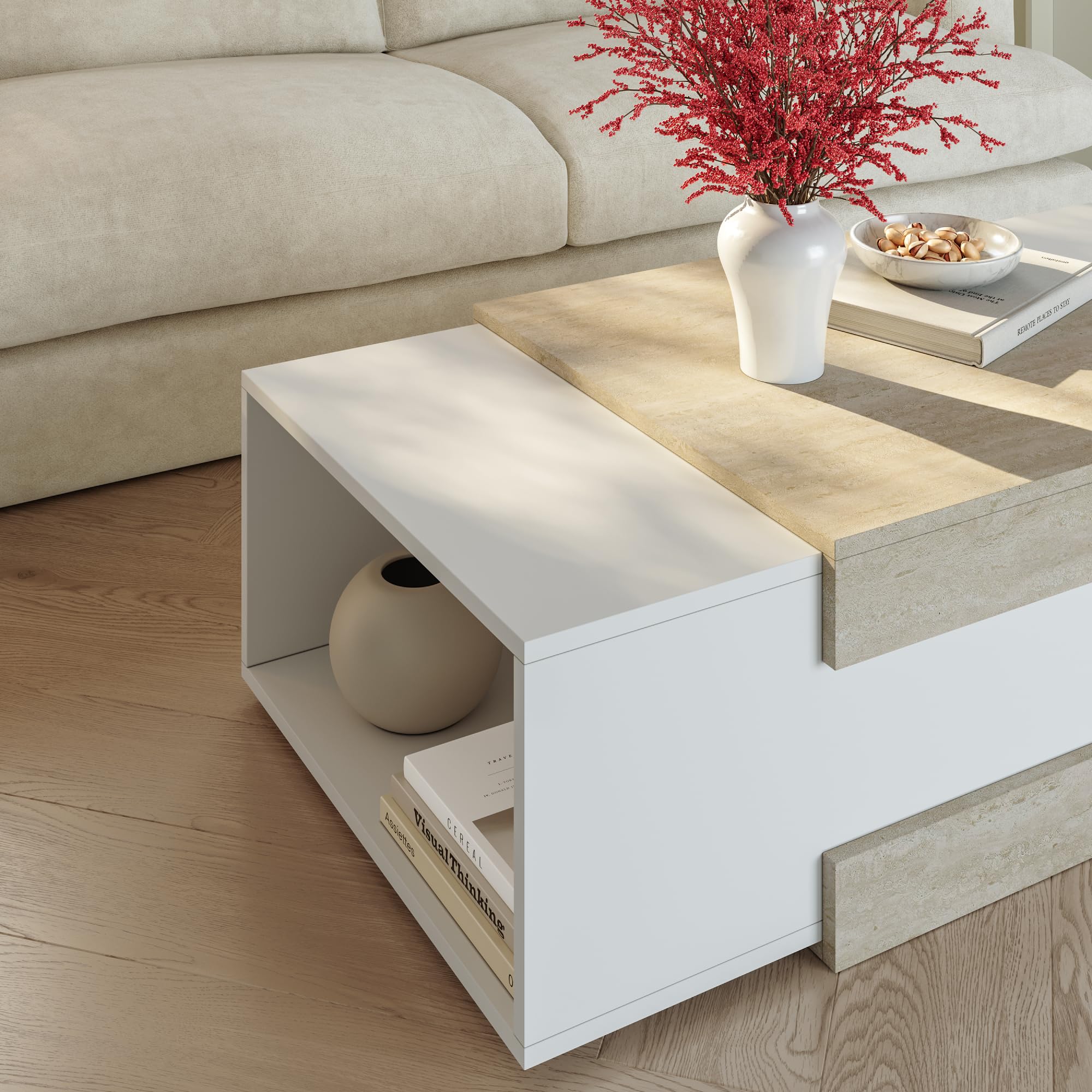 [en.casa] Couchtisch Eljak Wohnzimmertisch 110 x 57 x 31 cm Sofatisch mit 2 offenen Ablagefächern Beistelltisch rechteckig Kaffeetisch Weiß/Travertin