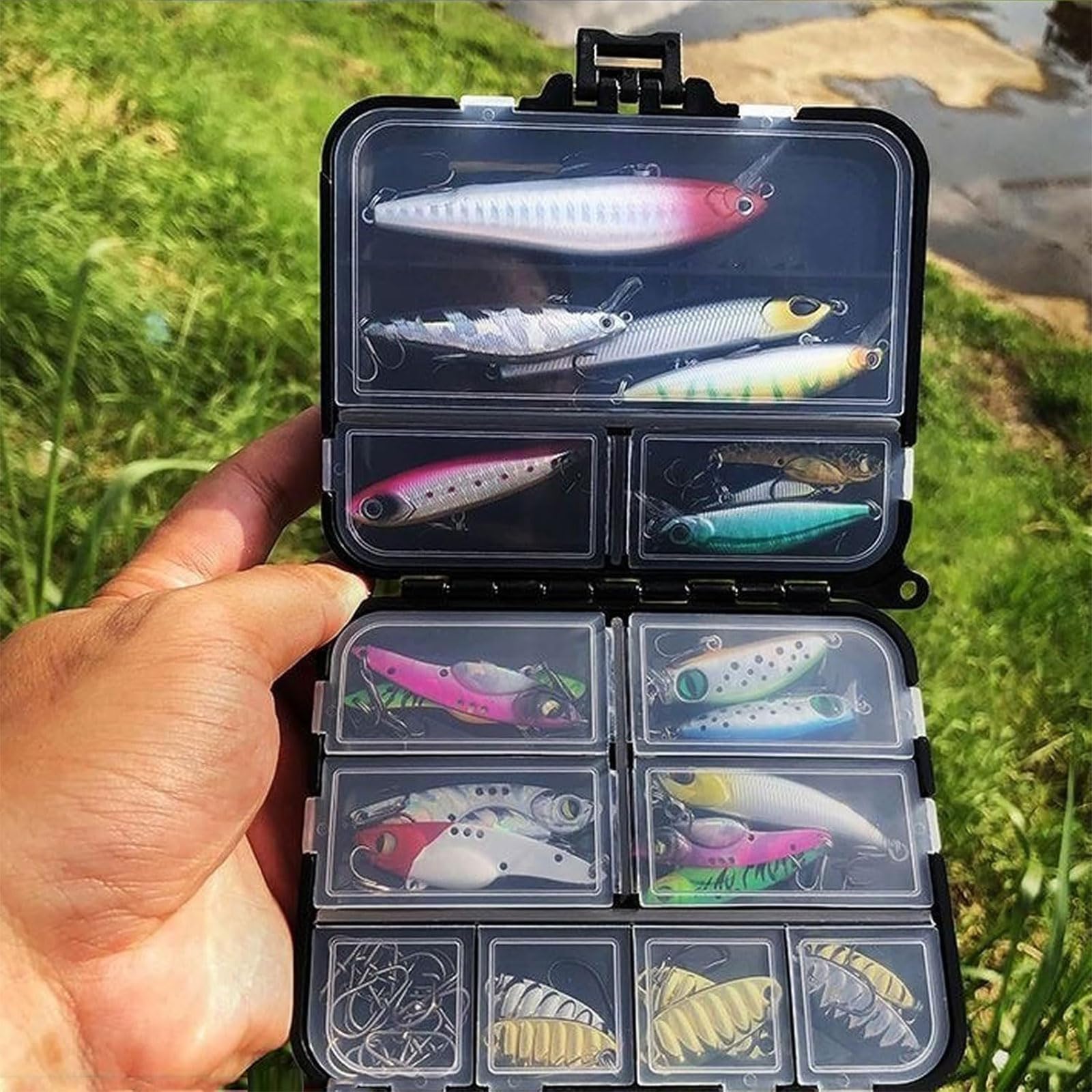Scatola da Pesca, 12 Scomparti, Doppio Strato, con Corda a Mano, 14 Piccoli Inserti, Impermeabile, Nero