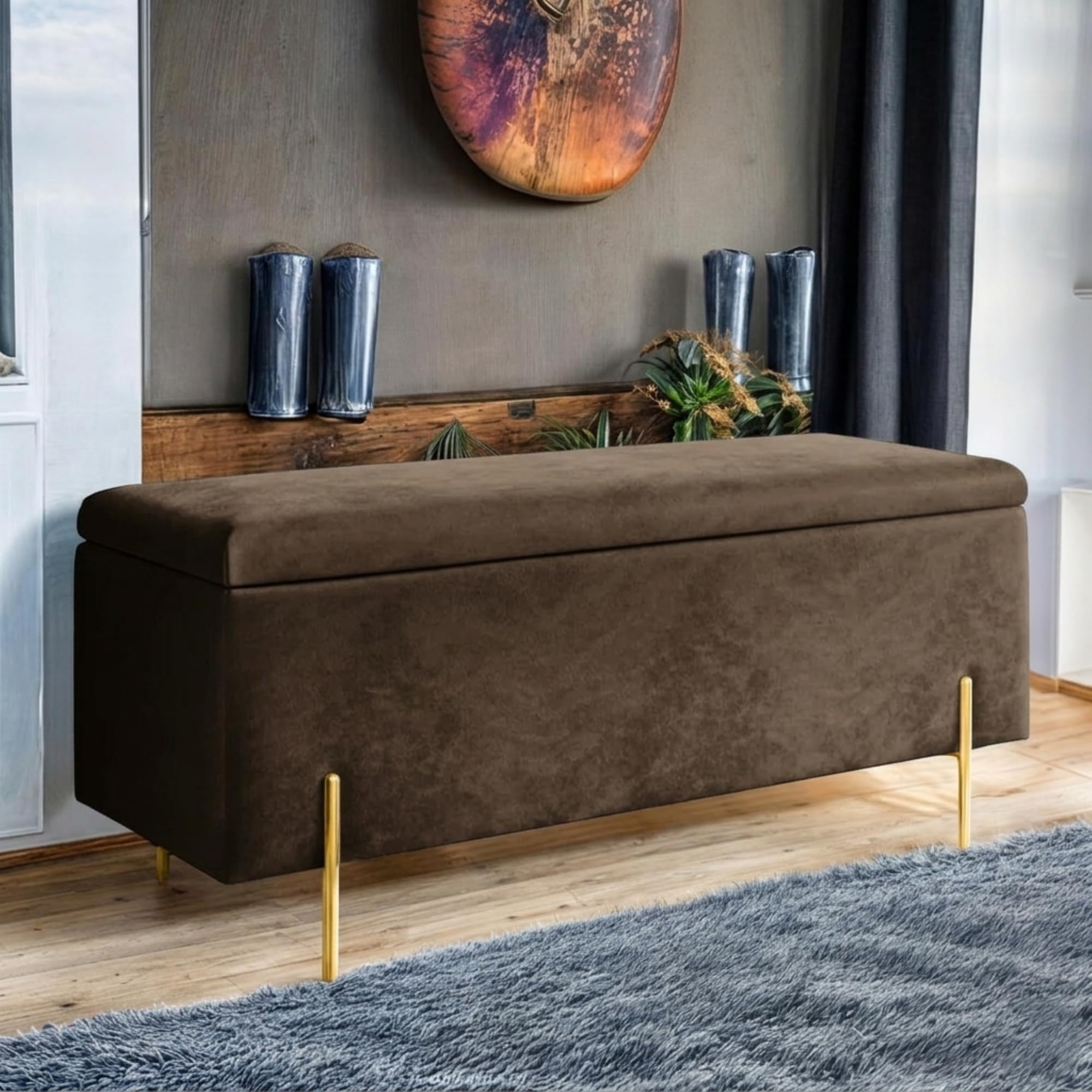 Harveys Living Plain Ottoman Storage Box - Engineered Wood Luxurious Plush Velvet Ottoman Storage Bench - (Coffee, Legs) โ image 1