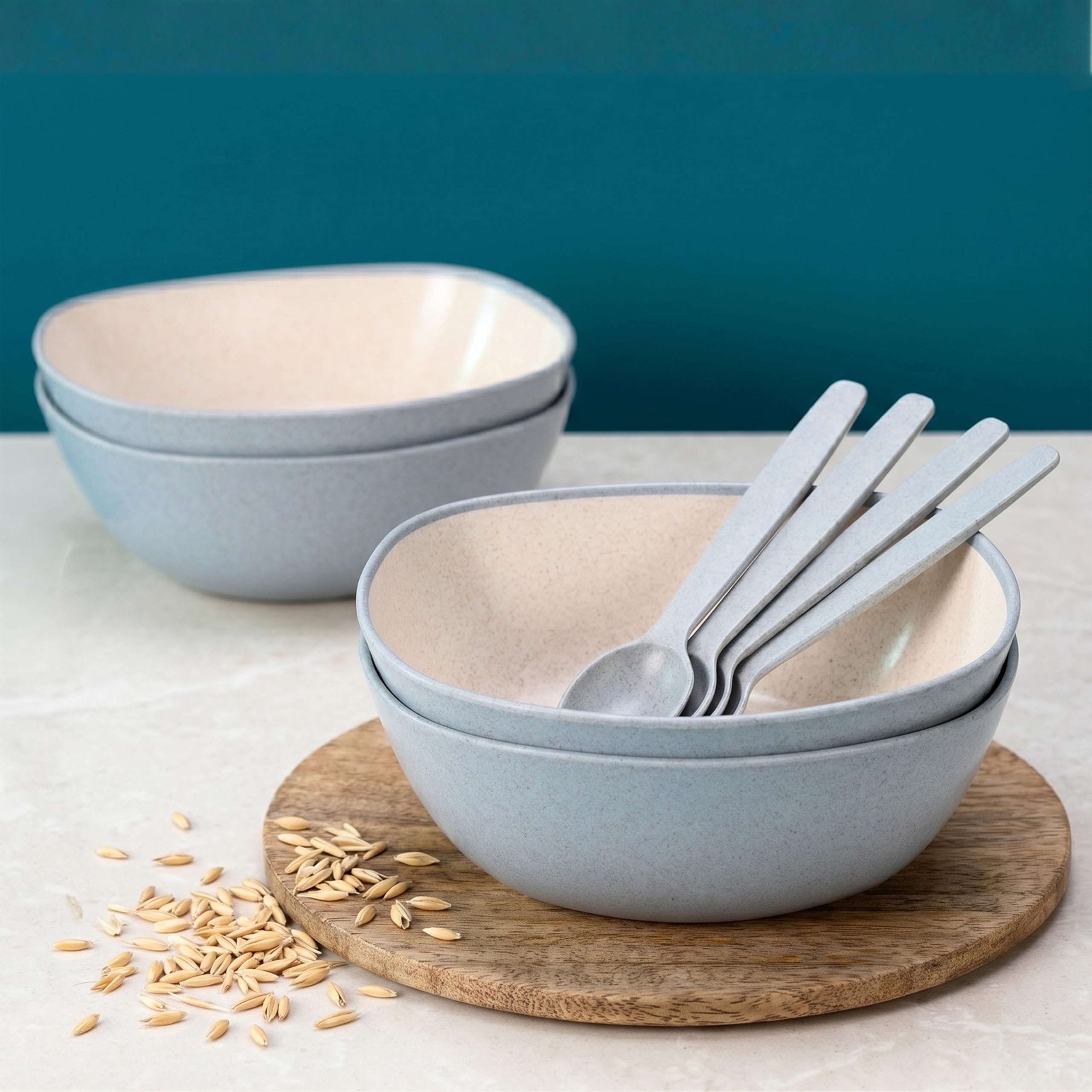 Eha Set of 4 Earth-Friendly Multipurpose Bowls for Kitchen | 600 ml | Made with Bamboo Fibers & Rice Husk | Microwave Safe Bowl | for Hot & Cold Serving Bowl Set | Azure discount deal