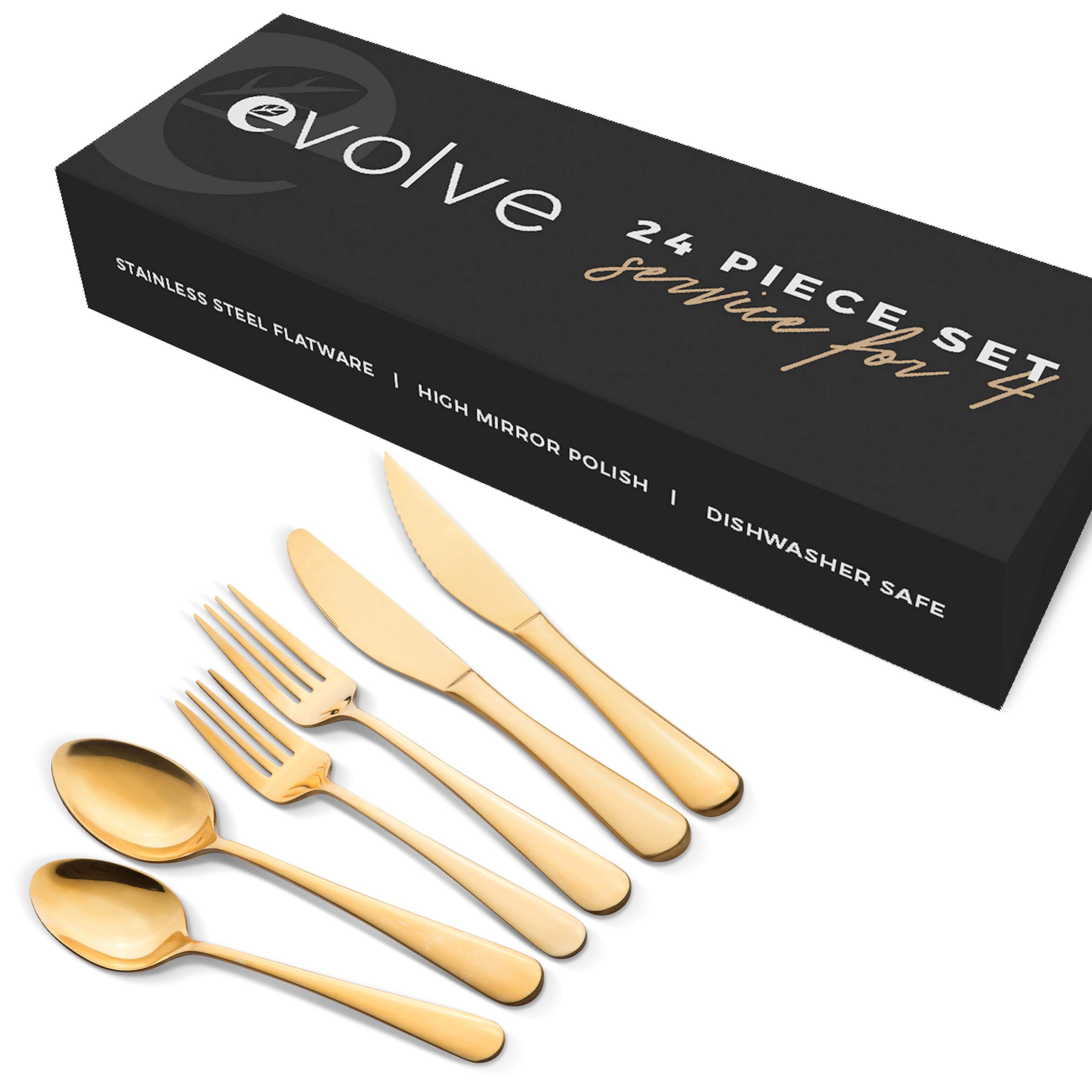 EVOLVE 18/8 Stainless Steel Silverware Set for 4 - Complete 24 Piece Flatware Cutlery Set - Elegant and Ergonomic Design - Dishwasher Safe - Stylish & Mirror Finish, Rust-Proof Utensil Sets (Gold)